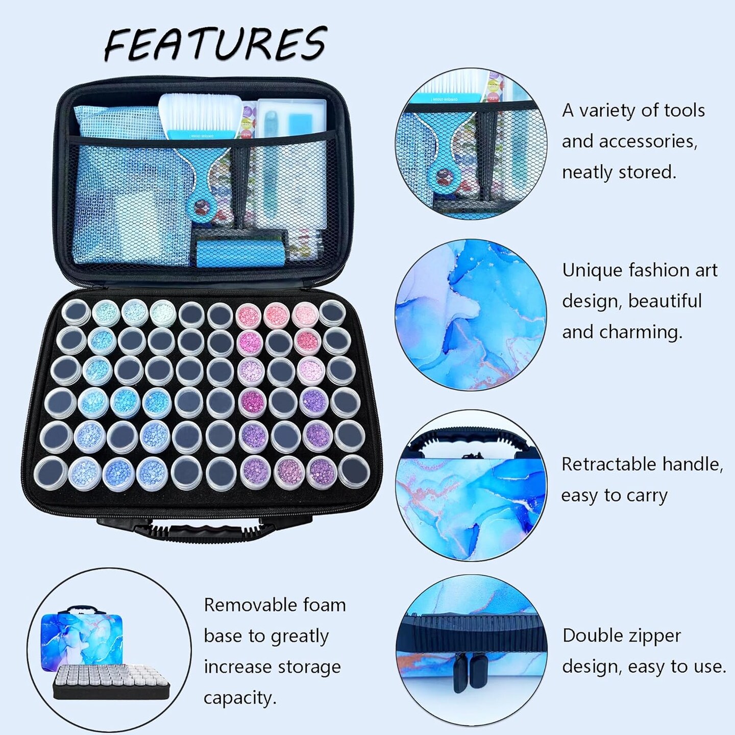 Diamond Painting Storage Containers, 60 Slots Diamond Art Accessories and Tools for Handcrafts, Portable Shockproof Organizer Case for Diamond Painting Kits M (Blue)