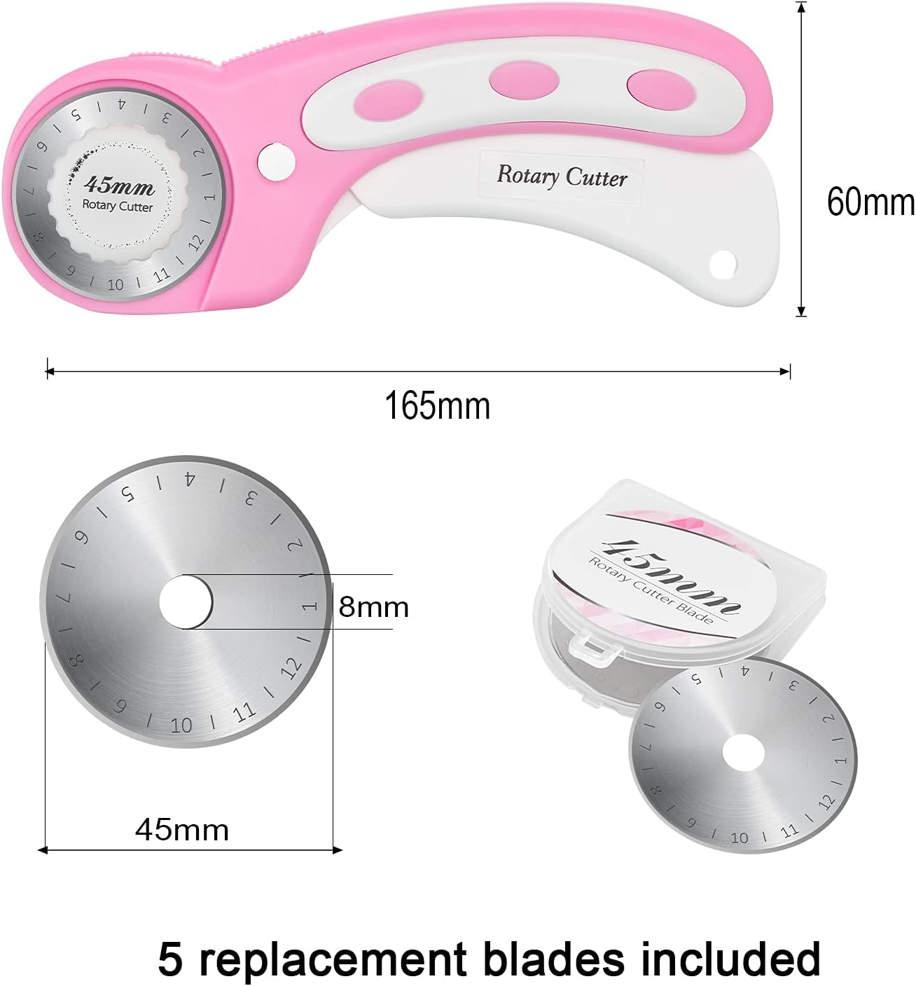 45mm Rotary Cutter with 5pcs Extra Blades, Ergonomic Handle Rolling Cutter with Safety Lock for Fabric, Leather, Crafting, Sewing, Quilting, Fabric Rotary Cutter Perfect for Left &#x26; Right Hand(Pink)