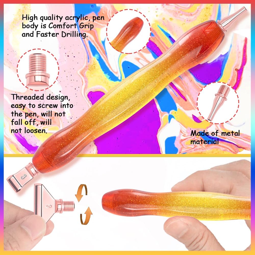 Diamond Painting Art Drill Pen Kit with 6 Screw Stainless Steel Silver Metal Tip Nibs, 6 Plastic Placers,6Glue Clays Tool Accessories for Diamond Painting, Diamond Art Orange Yellow