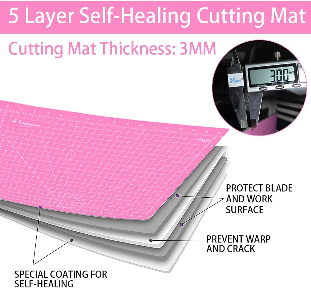 18"x12" Thickened Self Healing Cutting Mat, A3 Rotary Cutting Sewing Mat for Crafts, Double Sided 5-Ply Table Cutting Board for Fabric Quilting Art Hobby Project, Pink/Purple