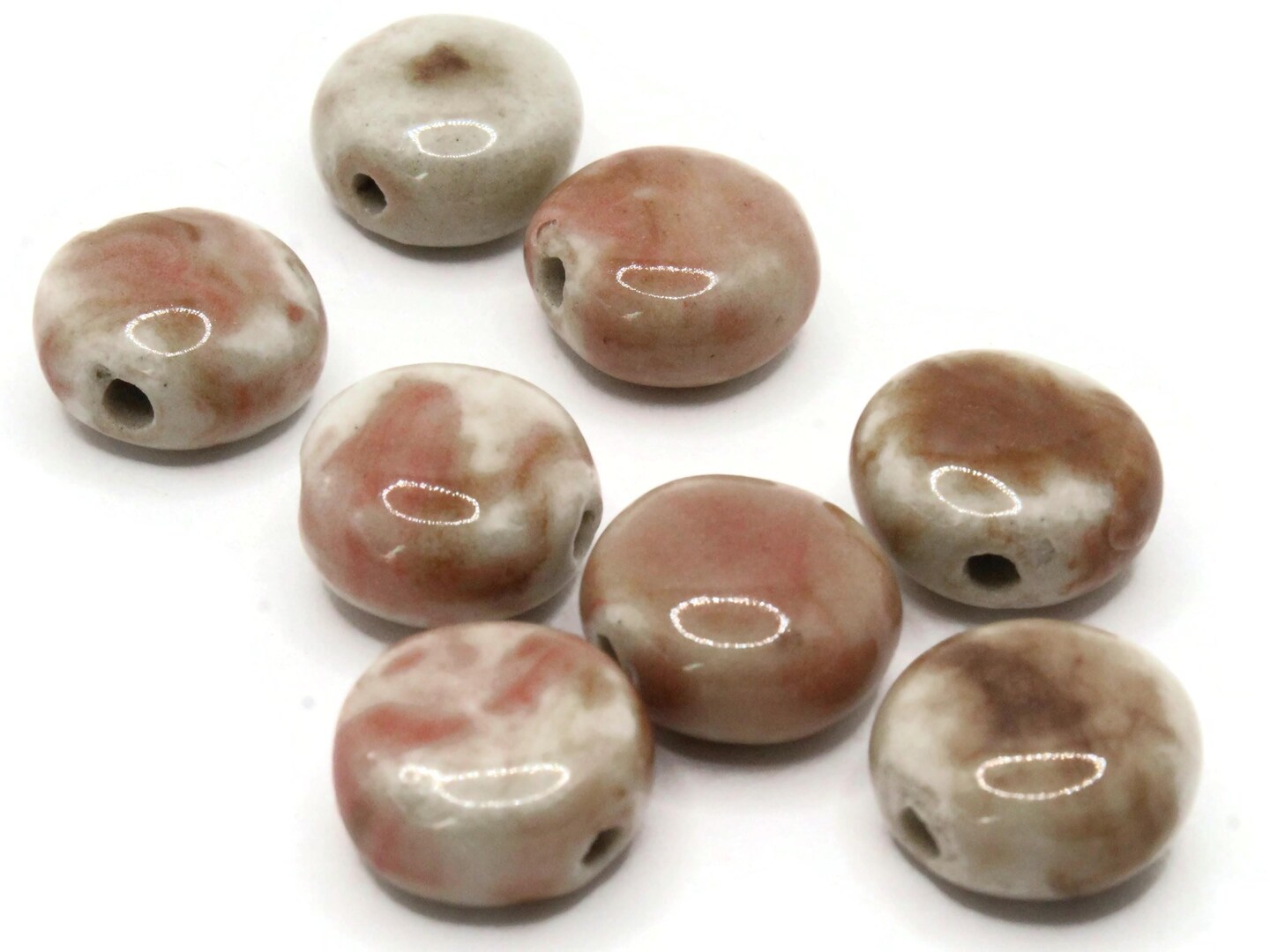 8 15mm Light Gray with Red and Brown Ceramic Coin Large Hole Beads