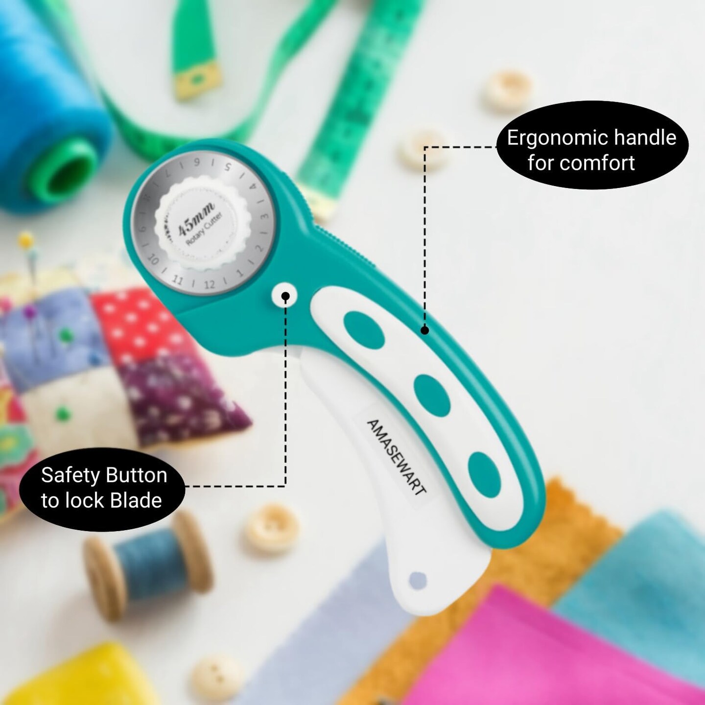 45mm Rotary Cutter and Mat Set, Fabric Cutter Wheel and 12x18 Inch Self Healing Sewing Cutting Mat, Fabric Rotary Cutter with 5pcs Rotary Blades for Quilting Patchworking Crafts, Turquoise