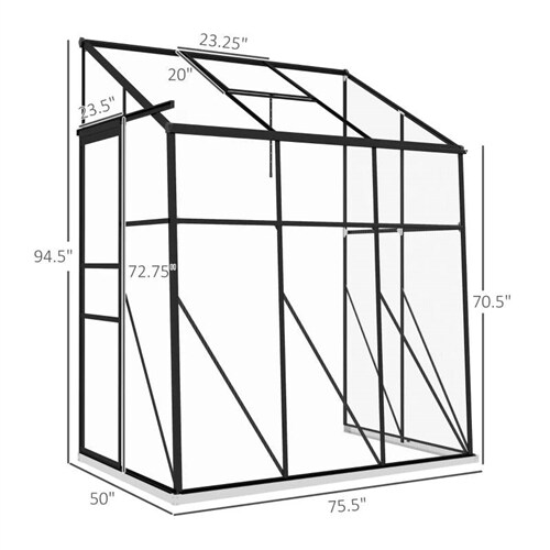 Black-Clear Aluminum Polycarbonate Lean-to Greenhouse with Sliding Door and Vents