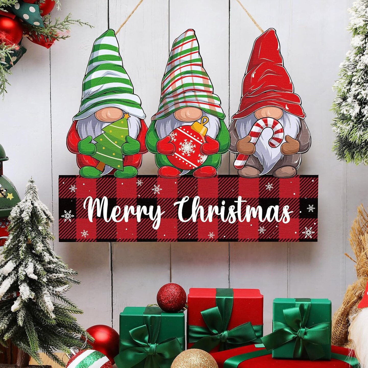 1 Set Merry Christmas Door Sign Decor Christmas Welcome Sign Rustic Gnomes Wood Hanging Sign Wooden Holiday Decor for Christmas Winter Porch Home Front Door Yard Wall Indoor Outdoor