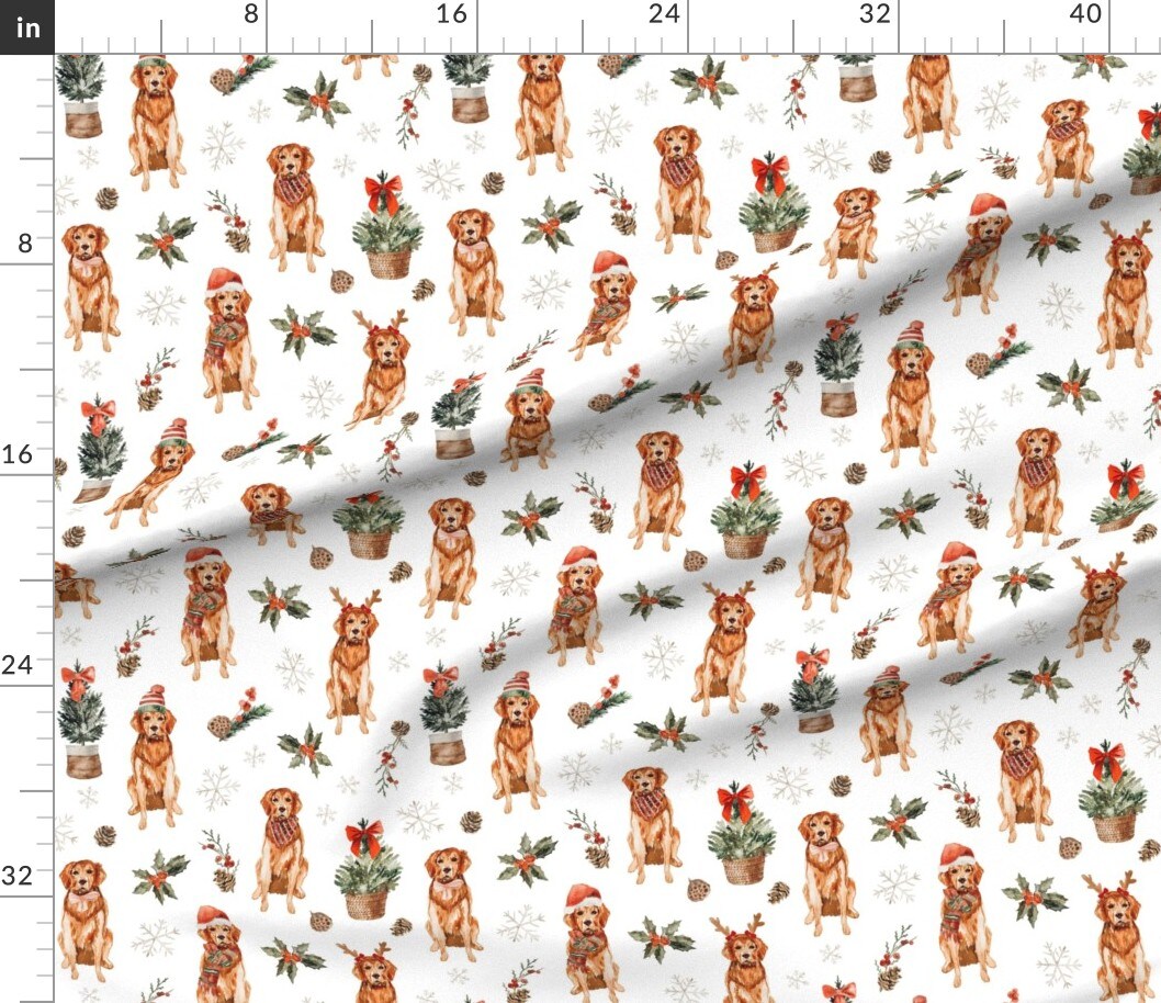 Various Fabrics by the Yard or Fat Quarter Holidays Dogs Ribbons Watercolor Pine Trees Santa Hat Golden Retriever Holly Antlers Xmas Santa Pets Snowflakes Pinecones Scarf Christmas Puppy Custom Printed Fabric by Spoonflower