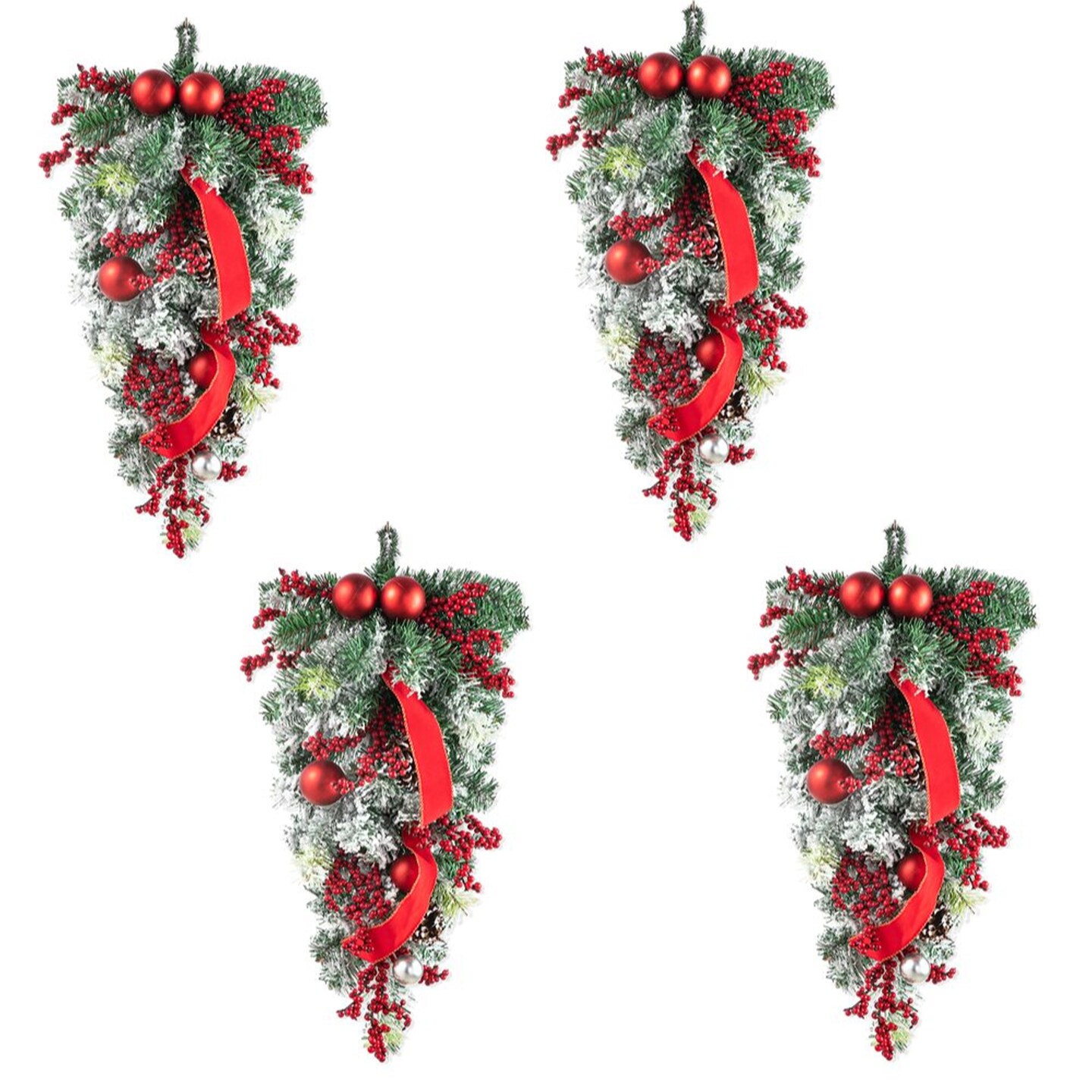 Set of 2/4 Christmas Berry Pinecone &#x26; Bell Teardrop Wreath Door Hanging Decor
