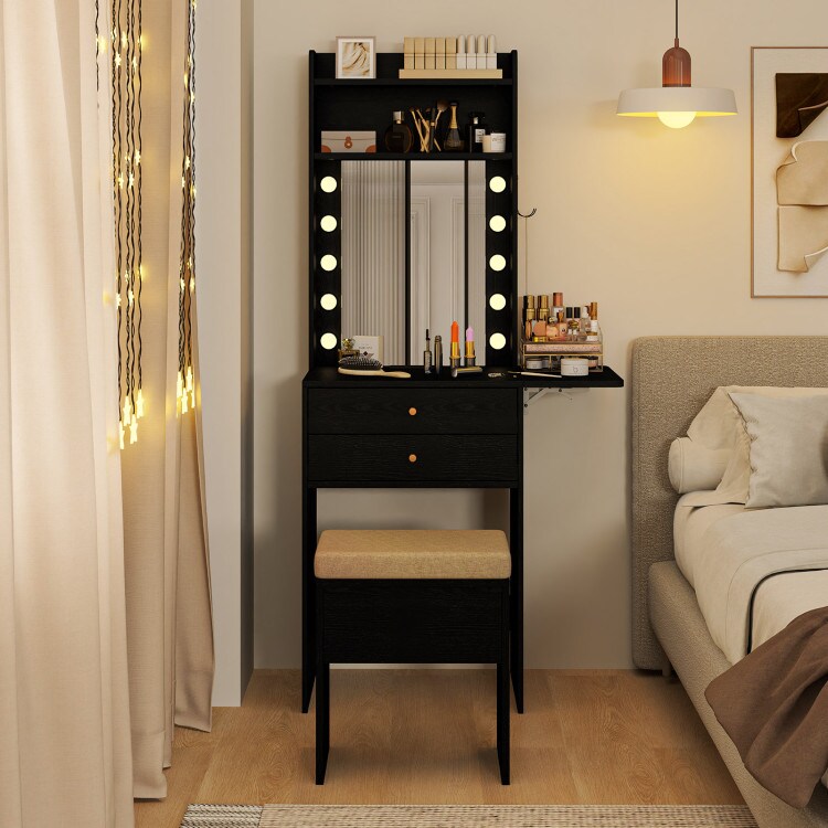 Black Vanity Desk with LED Lighted Mirror Charging Station and Drawers, Stool and Storage Shelves