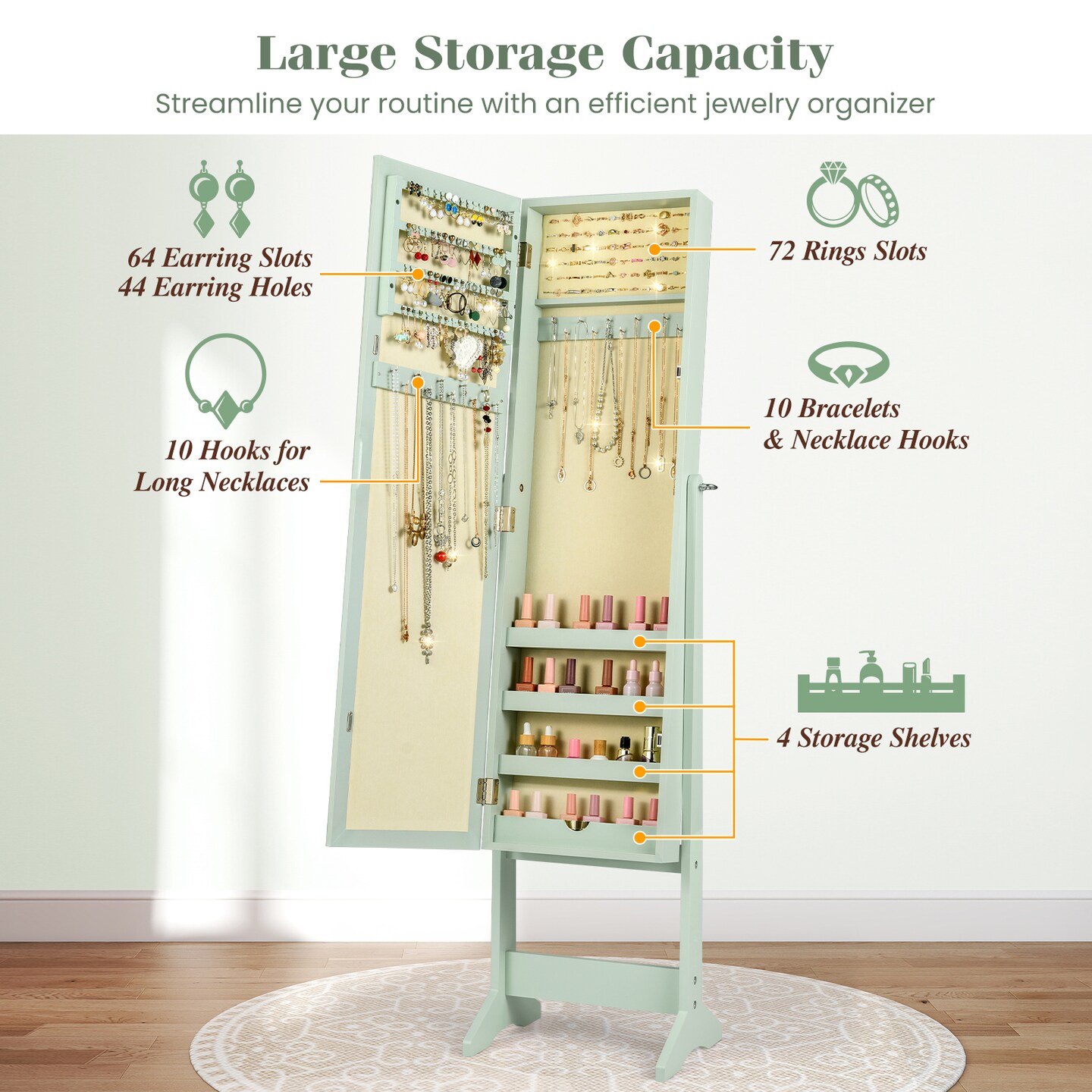 MDF Jewelry Cabinet with Full-Length Tilting Mirror and Storage