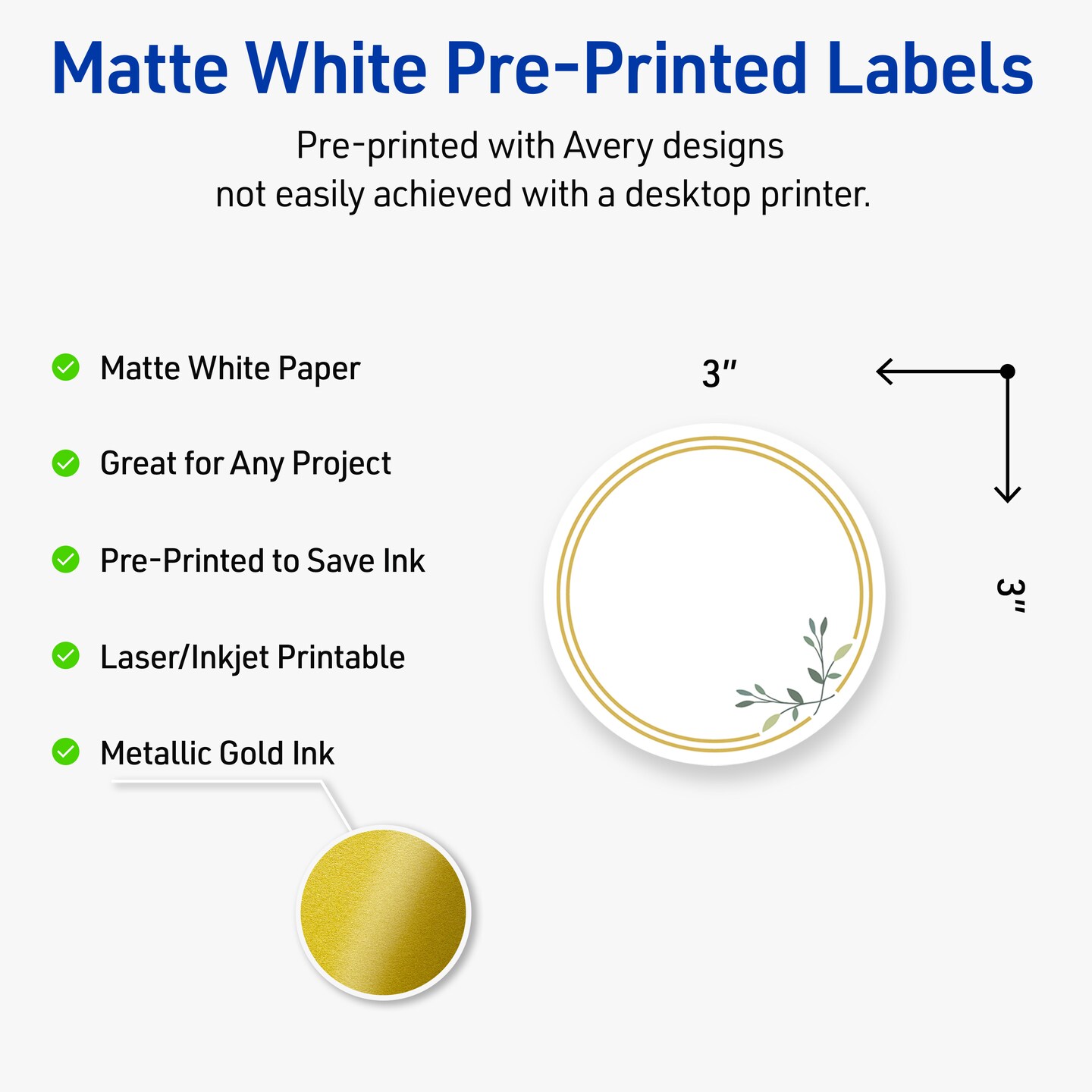 Avery Printable Round Labels, Gold Double Border with Florals, 3" Diameter, Matte White Round Labels, Permanent, Laser/Inkjet, 60ct, Great for Product Labels