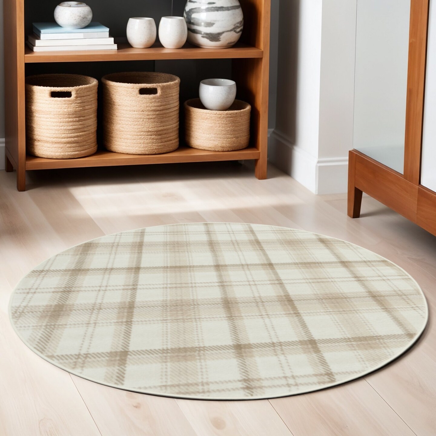 White Design Round Rug Edge Collections - 5' - White - Geometric Plaid Round Rug for Home ...