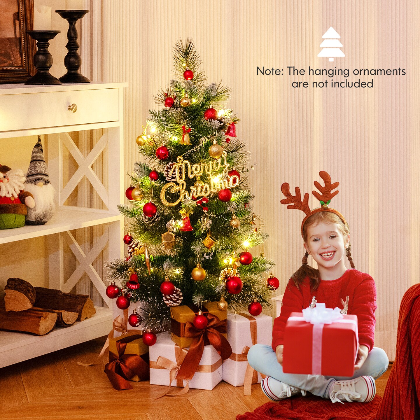 Green-White PVC Tabletop Mini Christmas Tree with LED Lights, Berries and Pine Cones