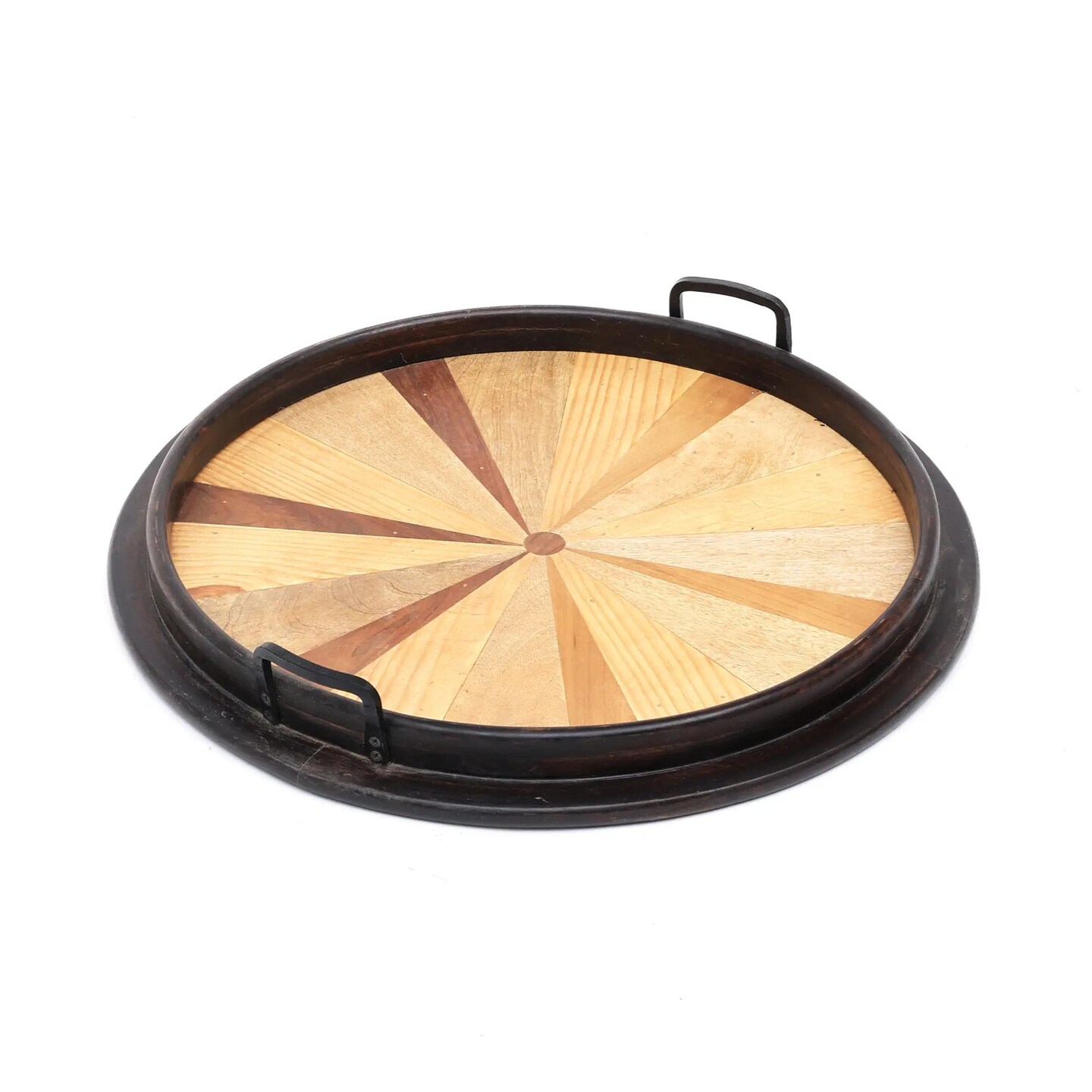 Round Wooden Serving Tray with Sunburst Inlay &#x2013; 23.5&#x22; Decorative Tray with Black Rim &#x26; Handles