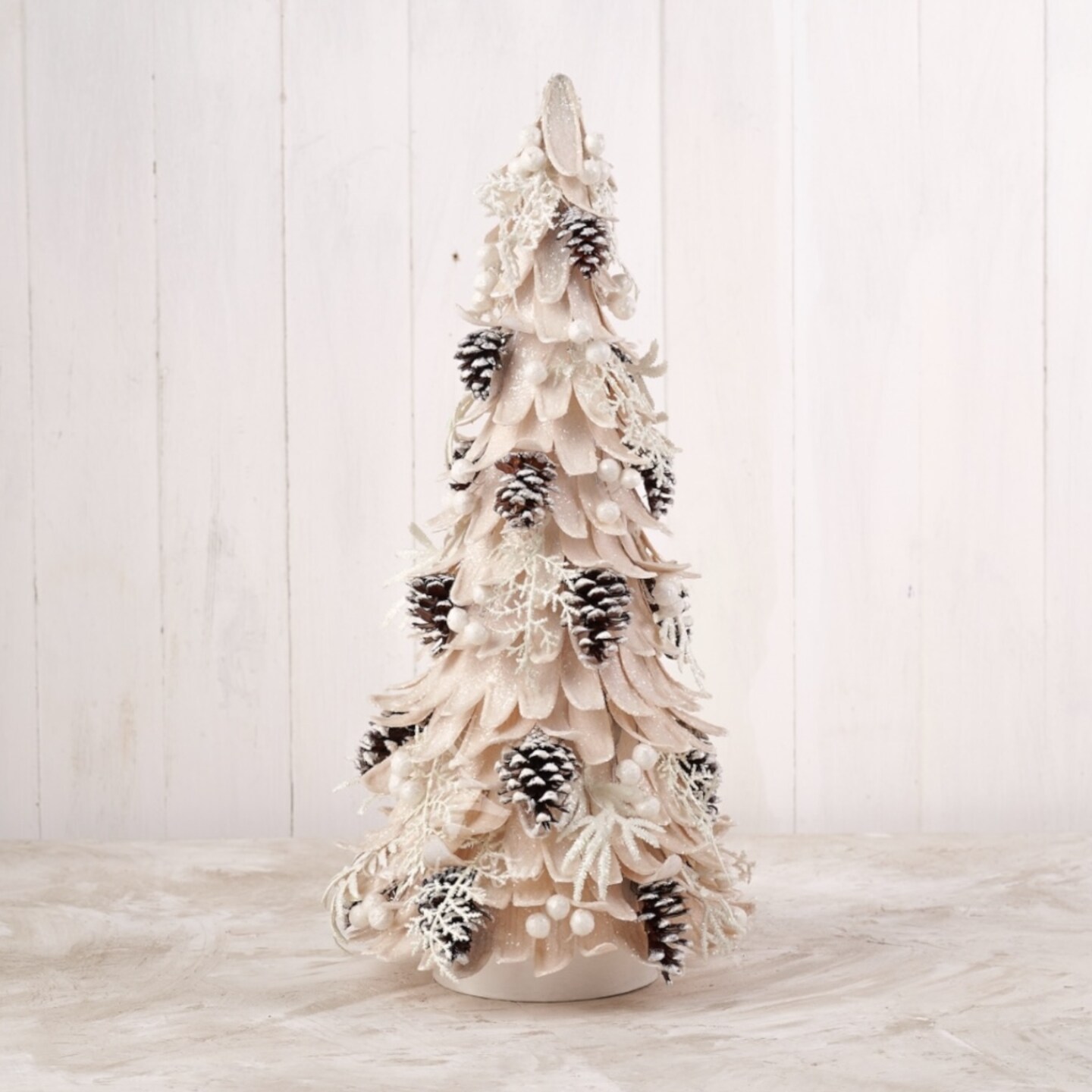 Tabletop Tree Christmas - Natural Woodcurl Tree W/ Pinecones and Berries - Wood curl Petal Cone tree - Holiday Tree
