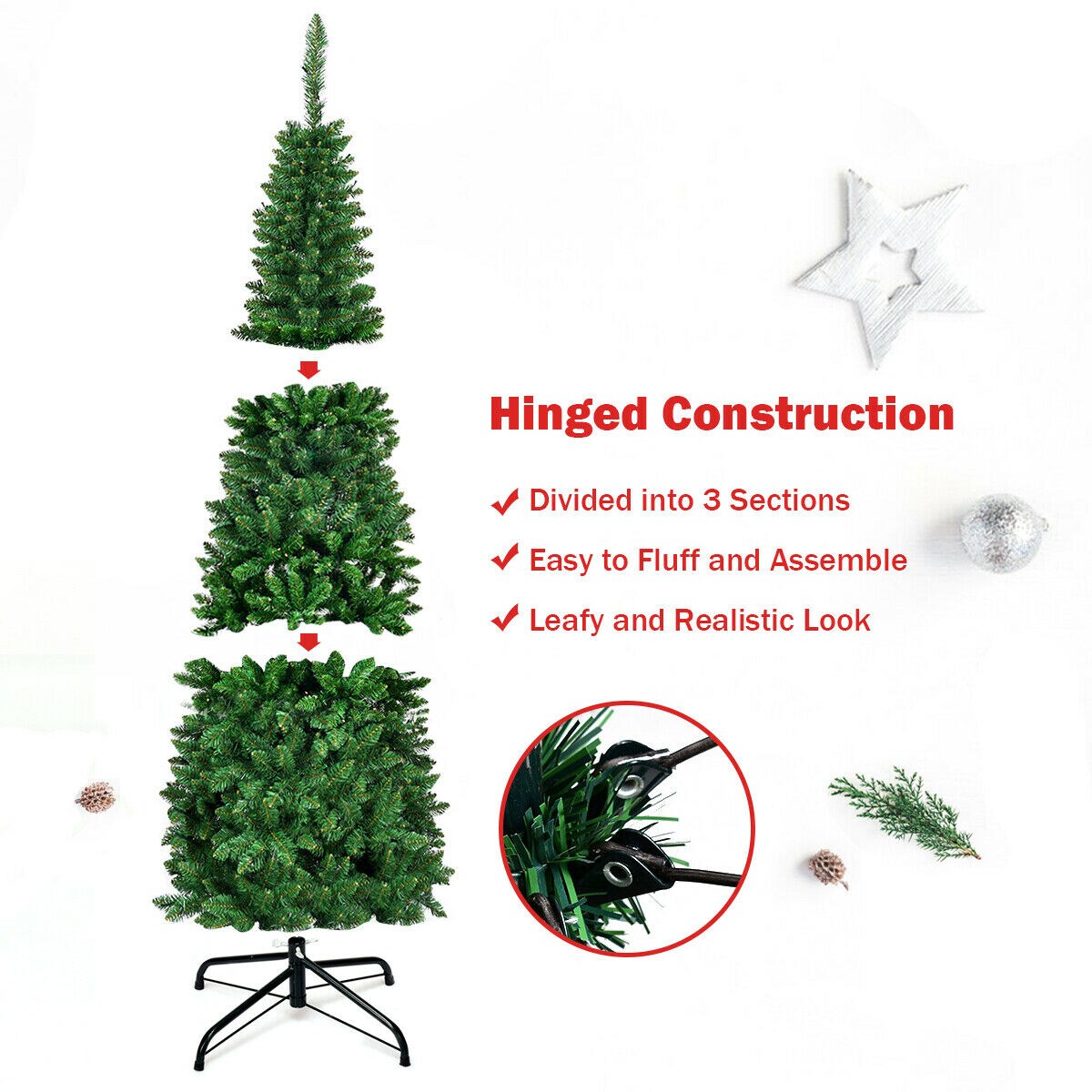 Green PVC Pencil Christmas Tree with LED Lights, Iron Stand and Hinged Design