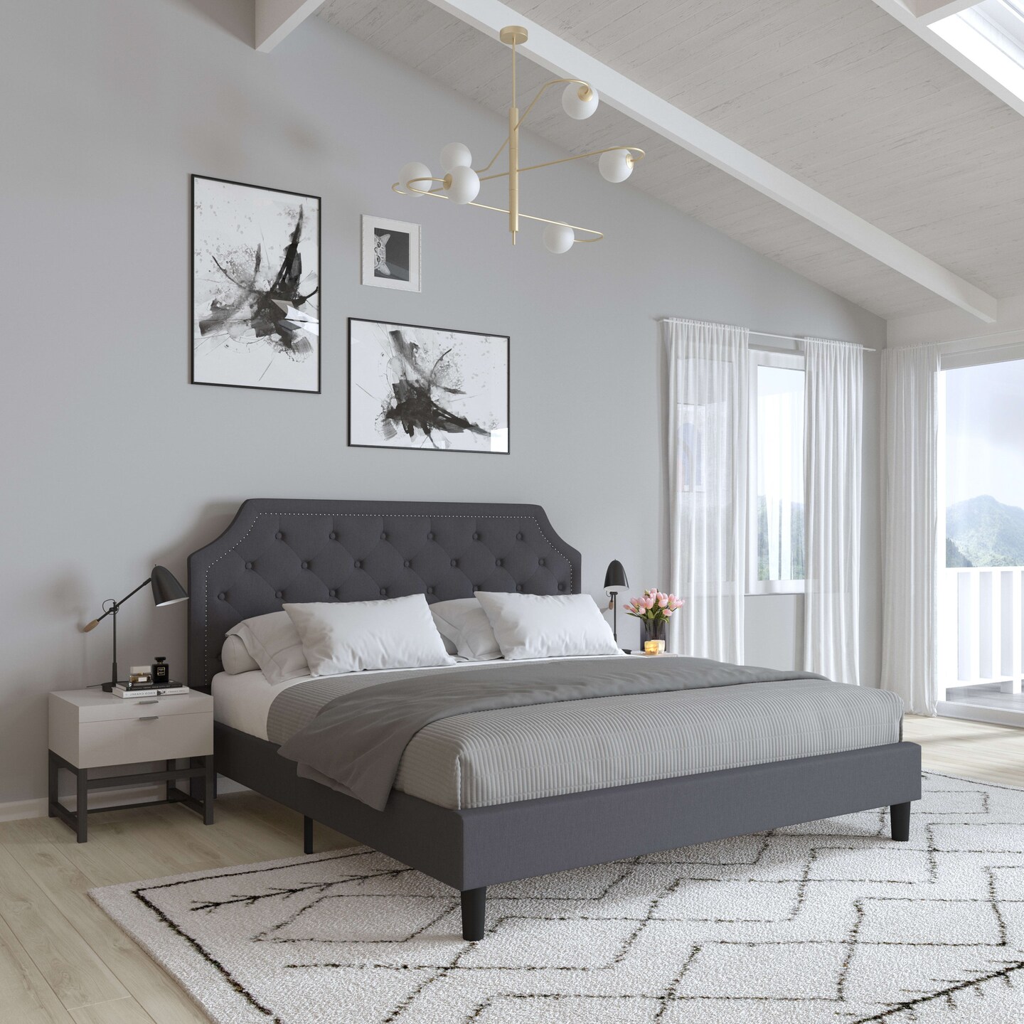Merrick Lane Provence Platform Bed with Slatted Support Contemporary Tufted Upholstery with Accent Nail Trim