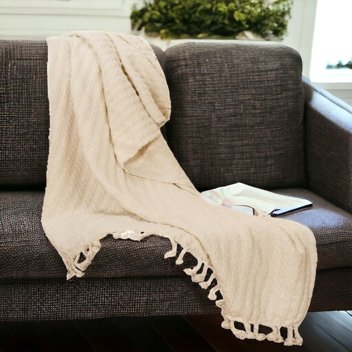 Edge Collections - 50" x 50" - Cream - Cozy Knitted Throw Blanket for Stylish Decor - 1 Piece