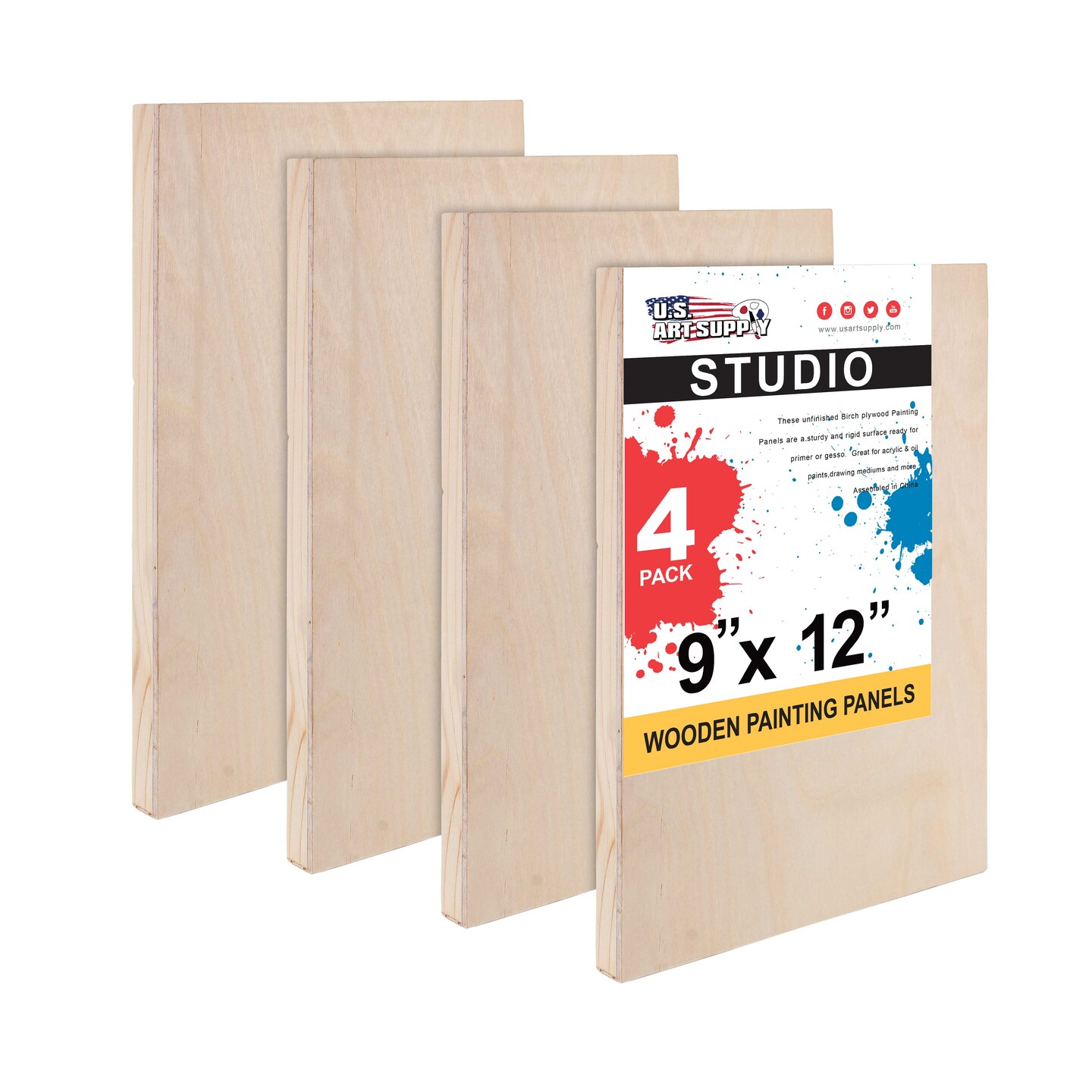 Unfinished Cradled Wood Panels for Painting, 4 Pack of 9x12 inch - Studio Birch Wooden Canvas Boards 3/4&#x22; Deep - Mixed-Media Craft, Acrylic, Oil, Encaustic, Paint Pouring Panel Board