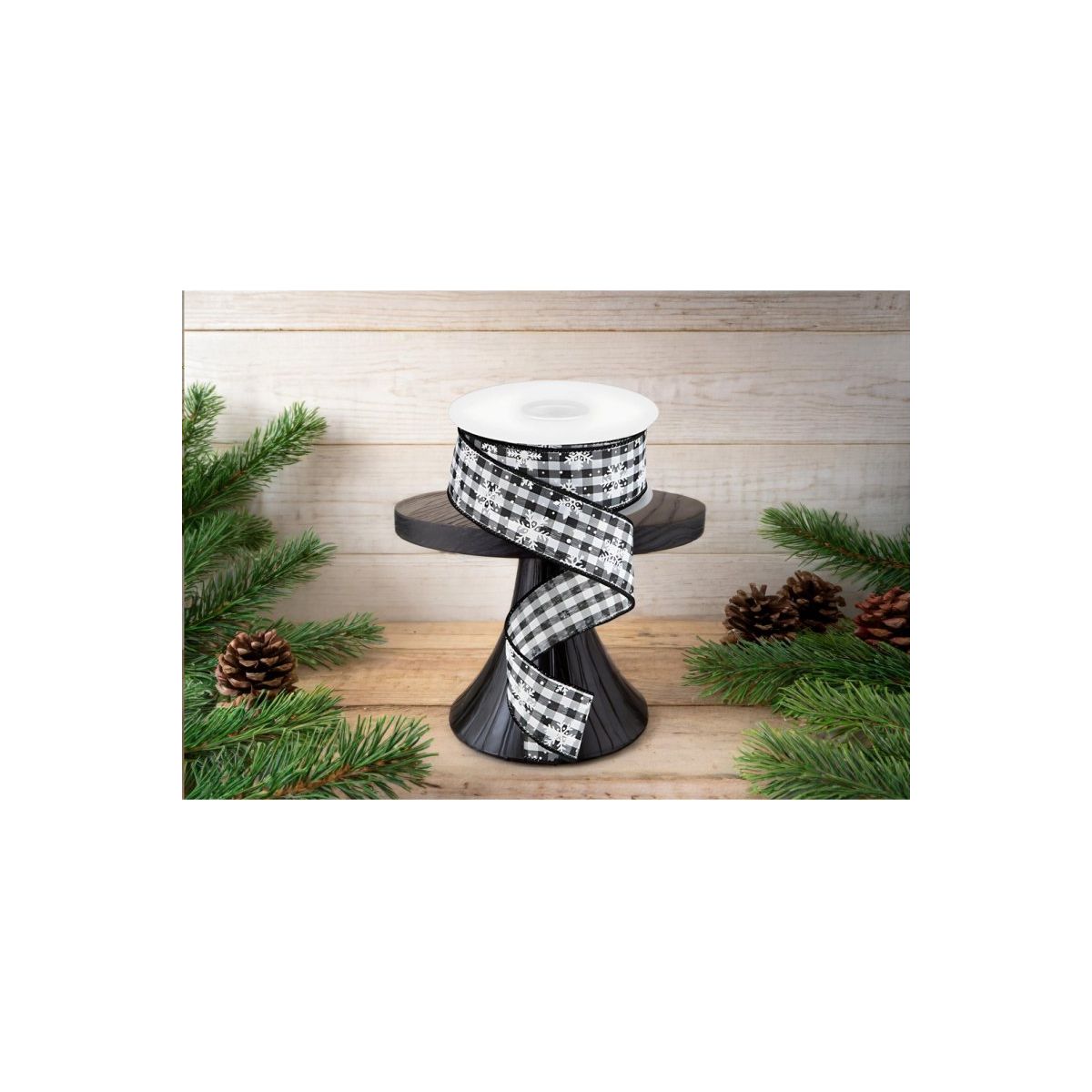 1.5&#x22; Mini Snowflake on Gingham Ribbon: Black  (10 Yards)
