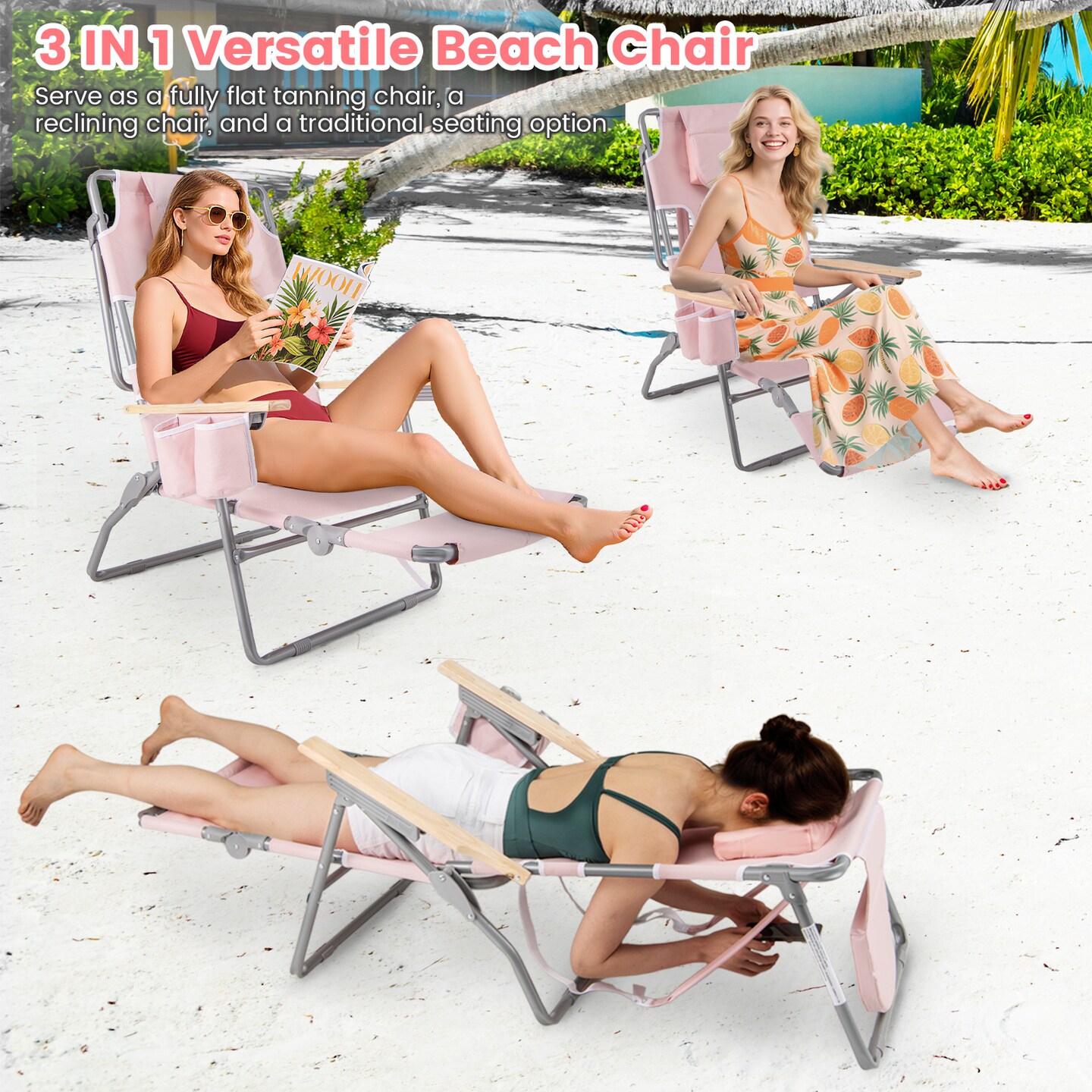 Folding Adjustable Beach Chair with Lay Flat Recliner Face Hole and Footrest Portable