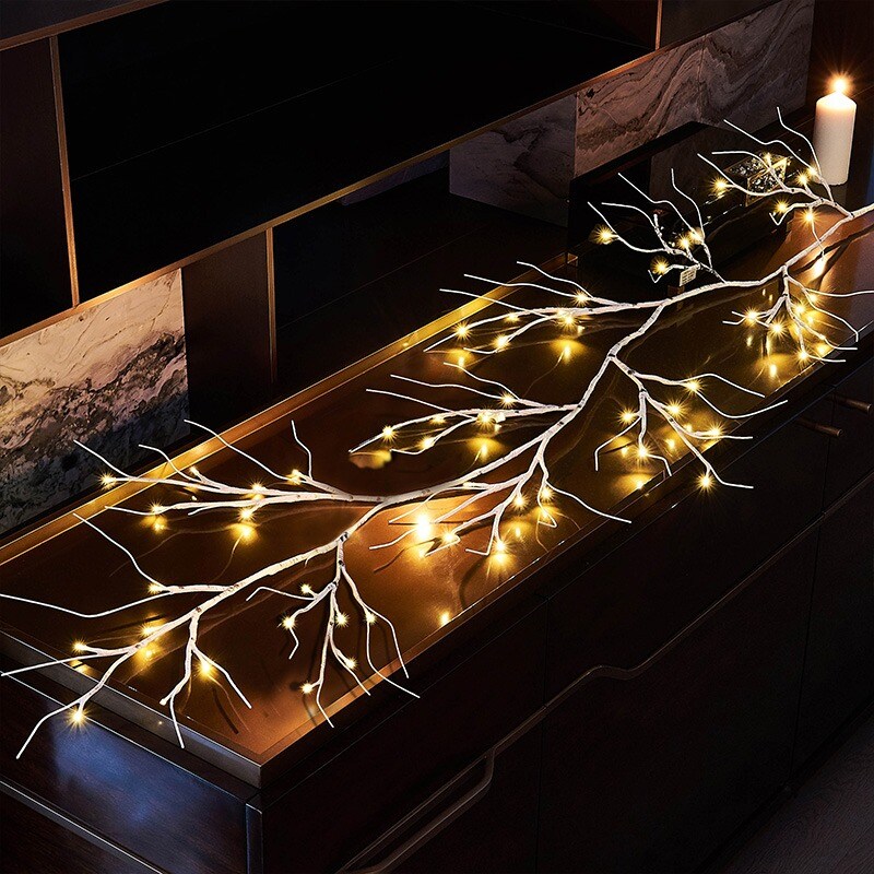 48LT Lighted White Birch Garland 72 Inches, Battery Operated 48 LED Lights