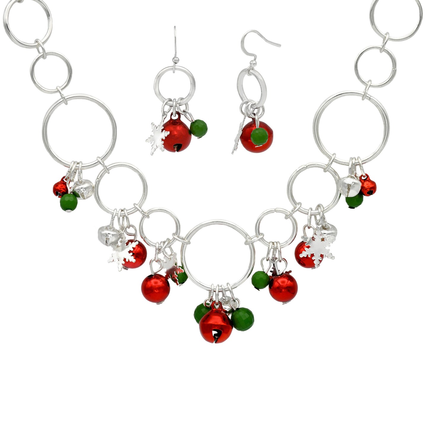 Snowflake & Jingle Bells Necklace & Earrings Set, Silver Finish Christmas Holiday Festive Jewelry