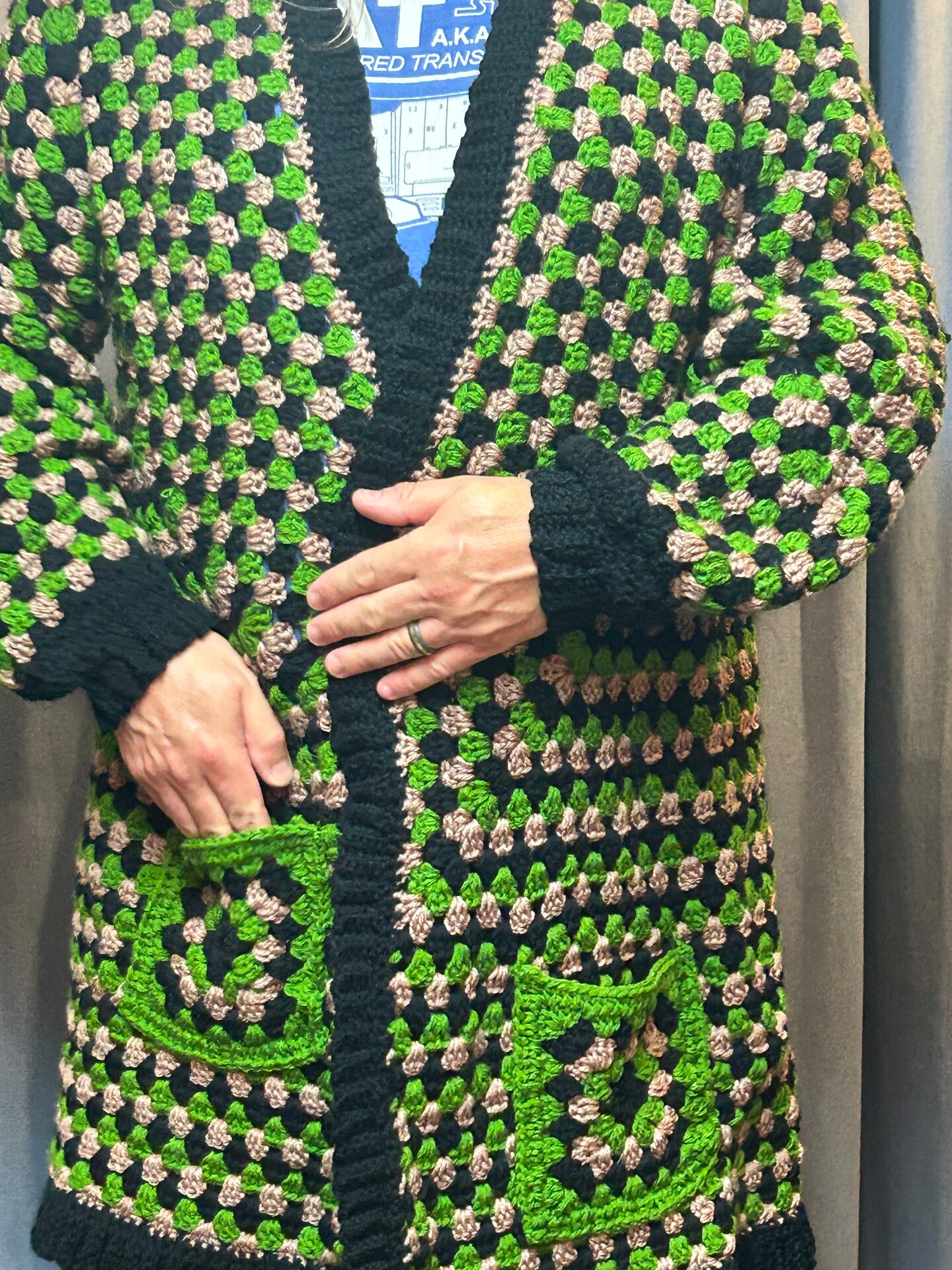 Hand Crochet Long Hexagon Cardigan Unisex Plus Size XXL XXXL Green Black Camo Plus size sweater Unisex Offset Pocket Cardigan Great Gift MakerPlace by Michaels