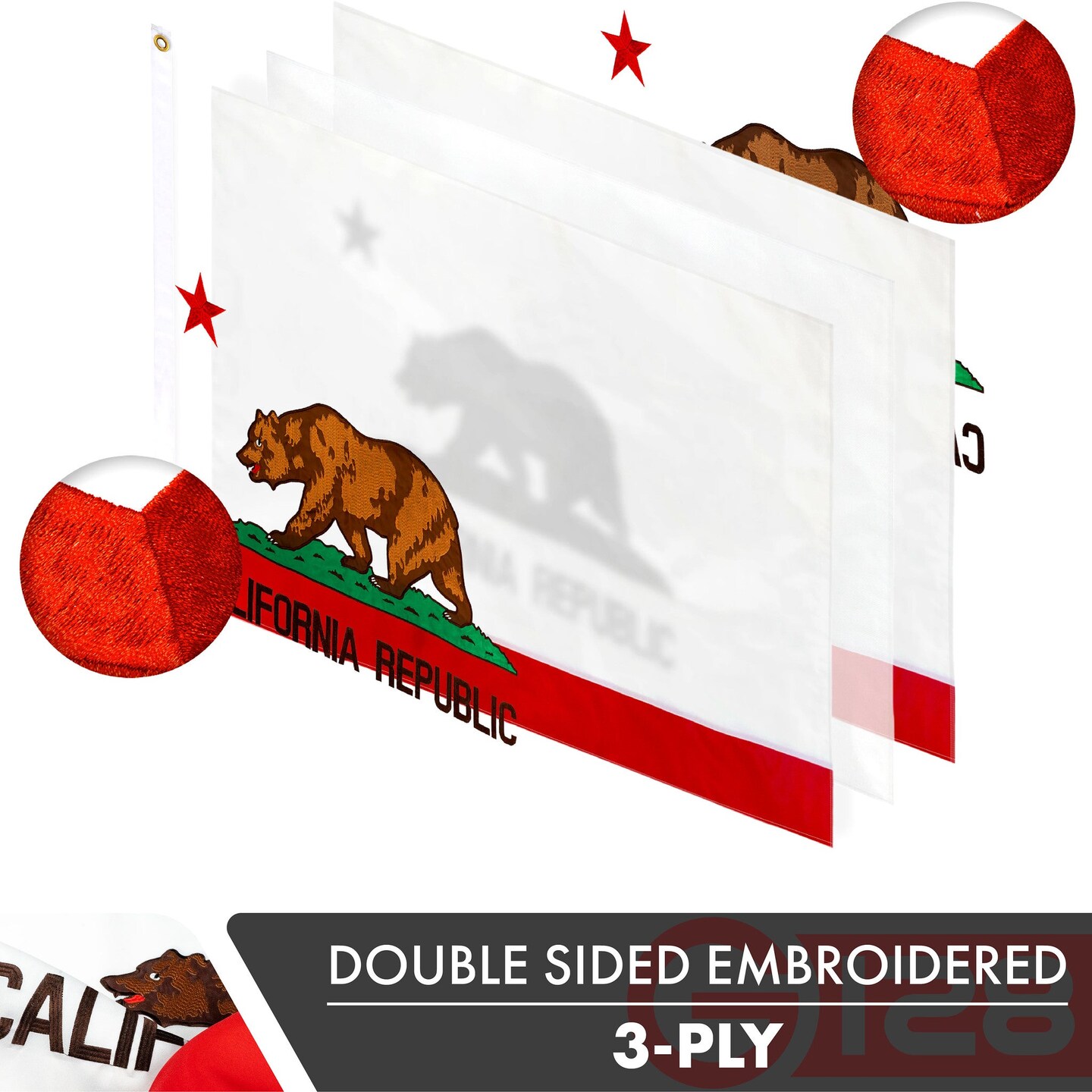 California CA State Flag 3x5 Ft 2-Pack Double-sided Embroidered Polyester By G128