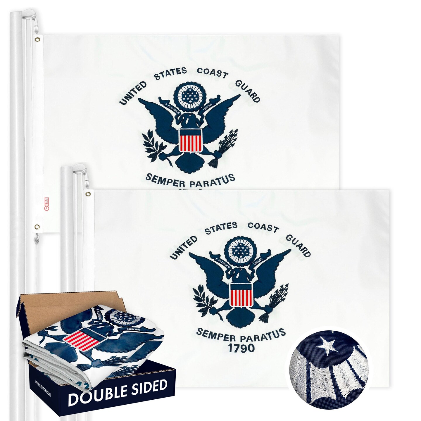 G128 2 PACK: US Coast Guard Flag 3x5 Ft Double-sided Embroidered Polyester