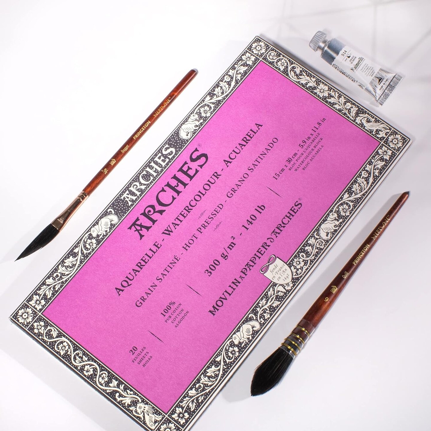 Arches Aquarelle Hot Pressed Watercolor Block 5.9"X11.8"- 140lb, 20 Sheets