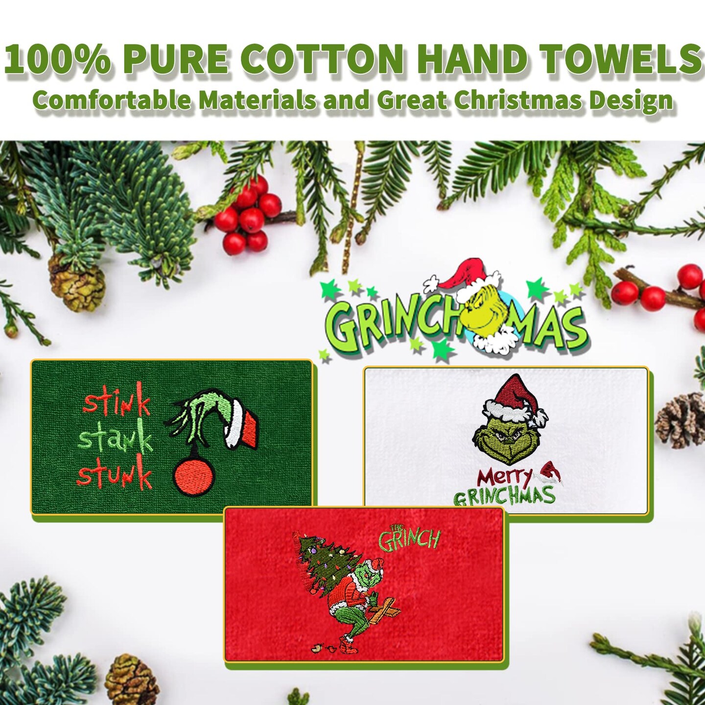 Malldii Large Size Christmas Hand Towels 16&#x22; x 27&#x22;, 100% Pure Cotton Bathroom Decorative Towels Washcloths Kitchen Merry Christmas Towels Perfect Christmas Decor, Pack of 3