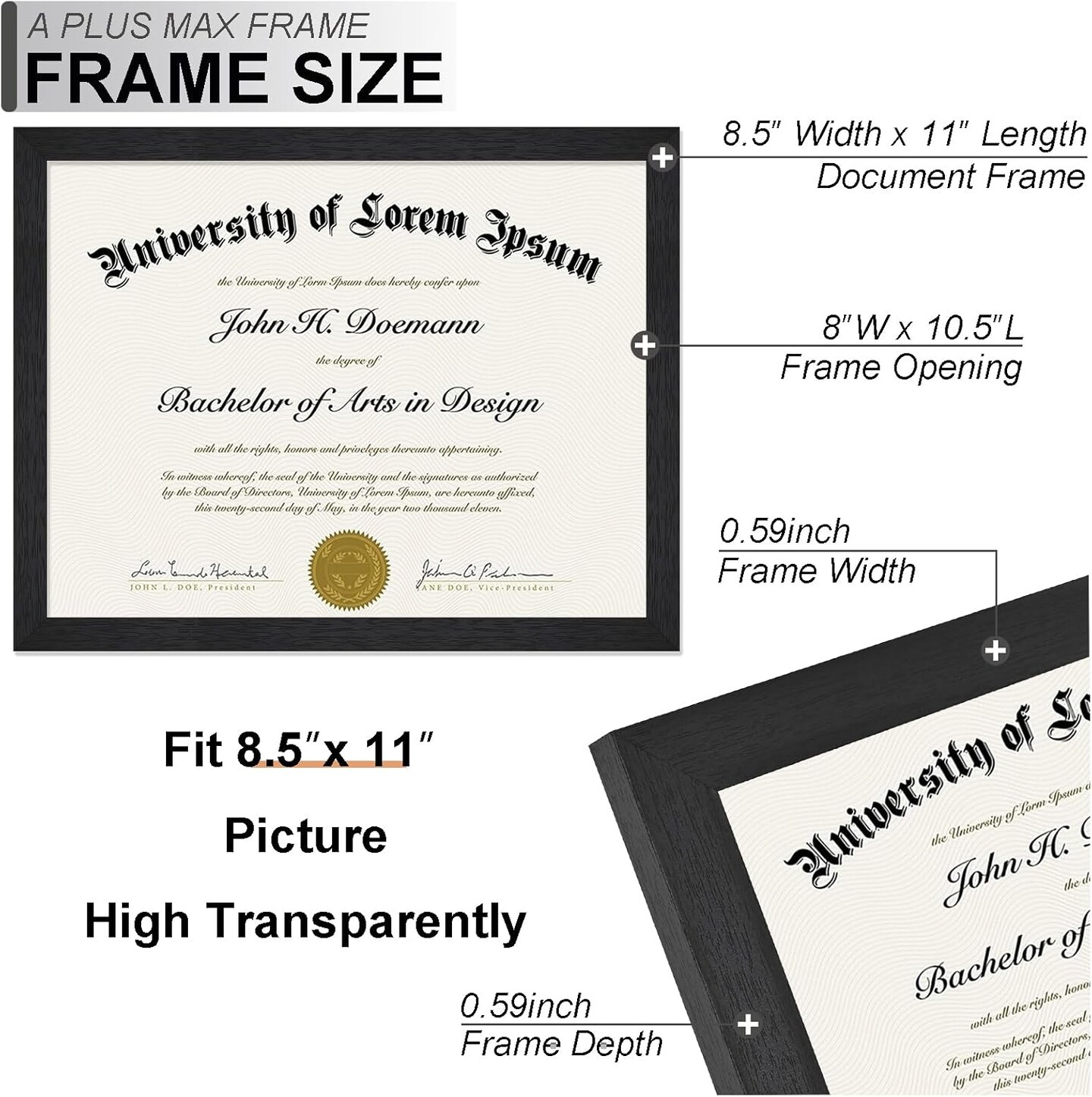 Black 8.5 x 11 Frame, Engineered Wood Frame with Wood-grain for Display 8.5 by 11 Document Award Certificate Wall and Tabletop - 1 Pack/Black/8.5x11