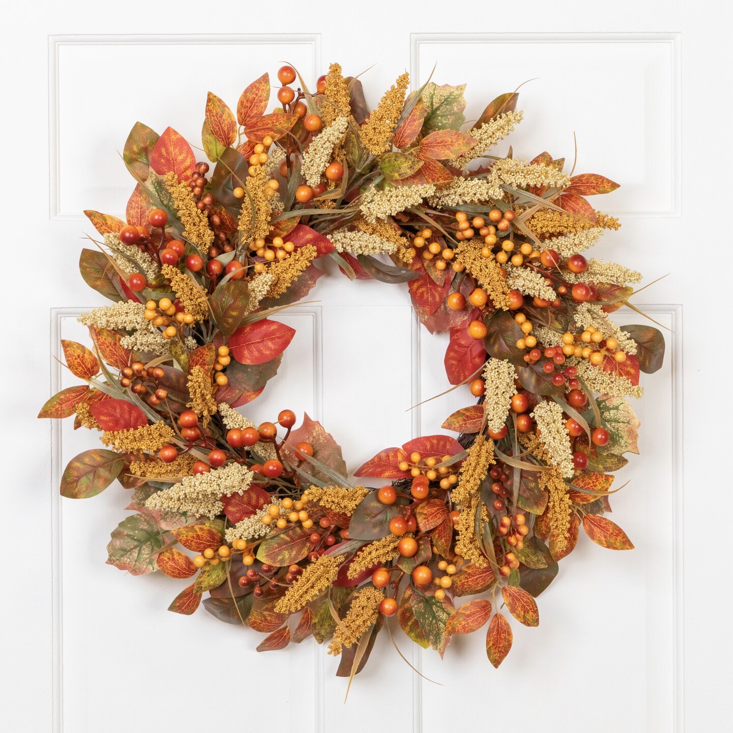 Northlight Autumn Leaves, Grass Blades and Berries Artificial Fall Harvest Wreath - 24"