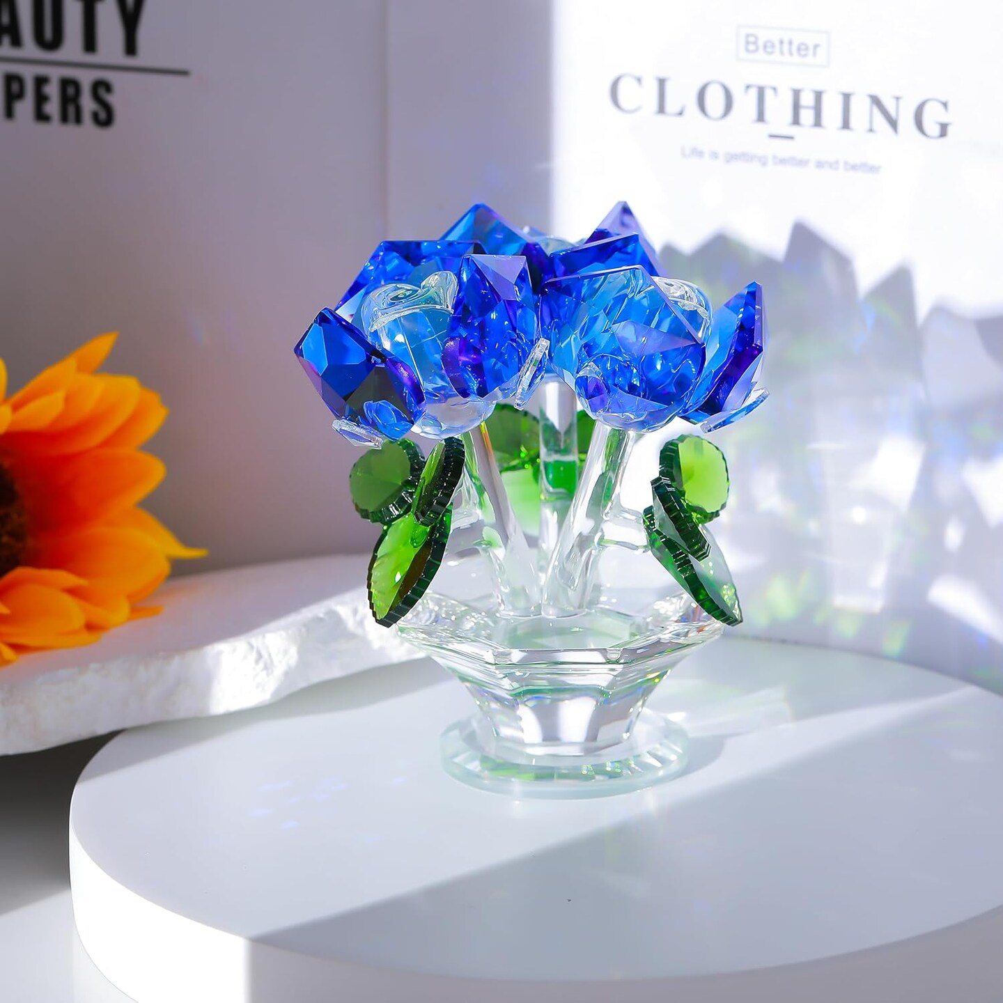 Blue Rose Flower Crystal Figurine with Vase, Handmade Bouquet Flowers Gifts for Wife Girlfriend Women Ornament , Crystal Flower Collectible Home Table Decor &#x200B;for Valentine&#x27;s Day Wedding Anniversary