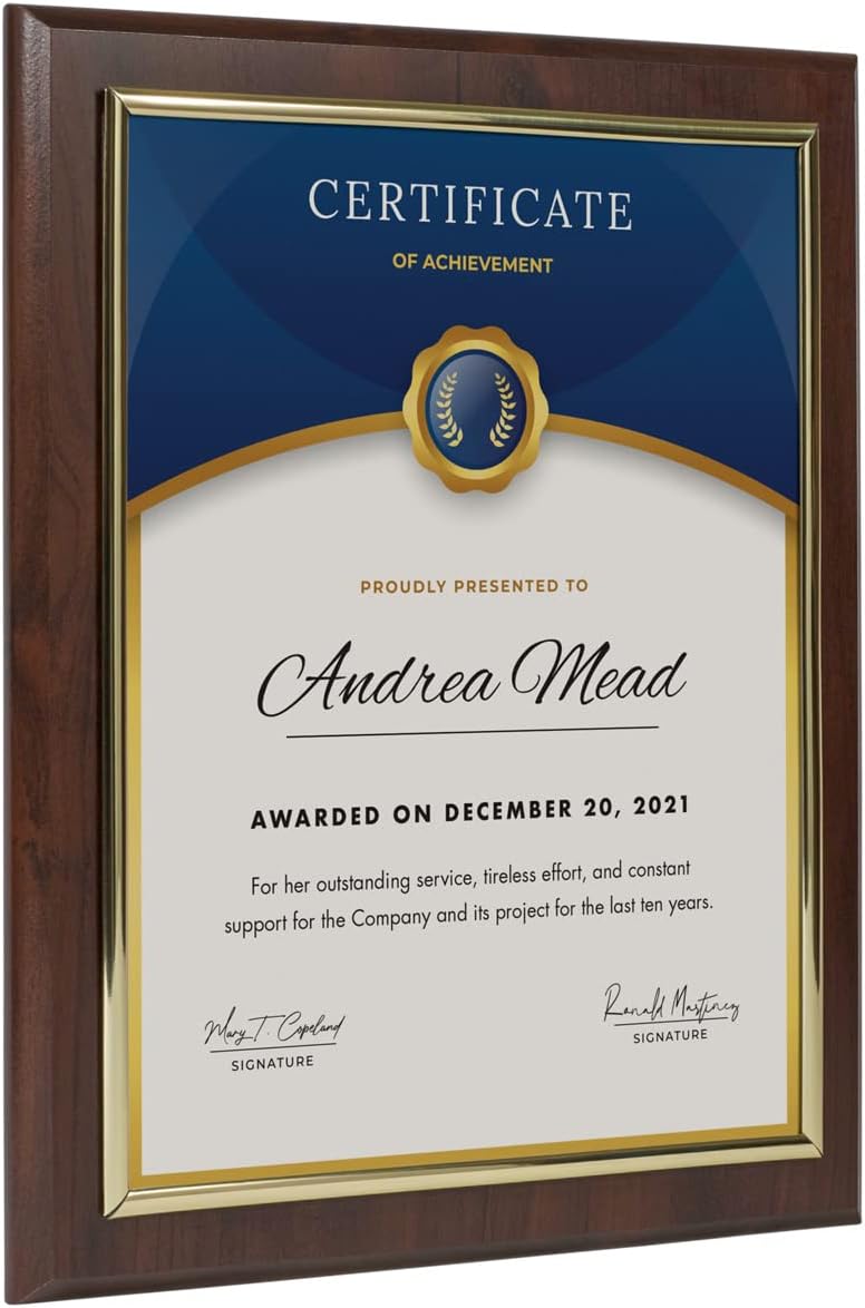 10.5 x 13" Certificate Display Plaque - Offered in Coated Cherry Wood with an 8.5 x 11" Gold Frame - Slide in Your Diploma, Award Certificate, Award of Achievement, Class Photo, and More