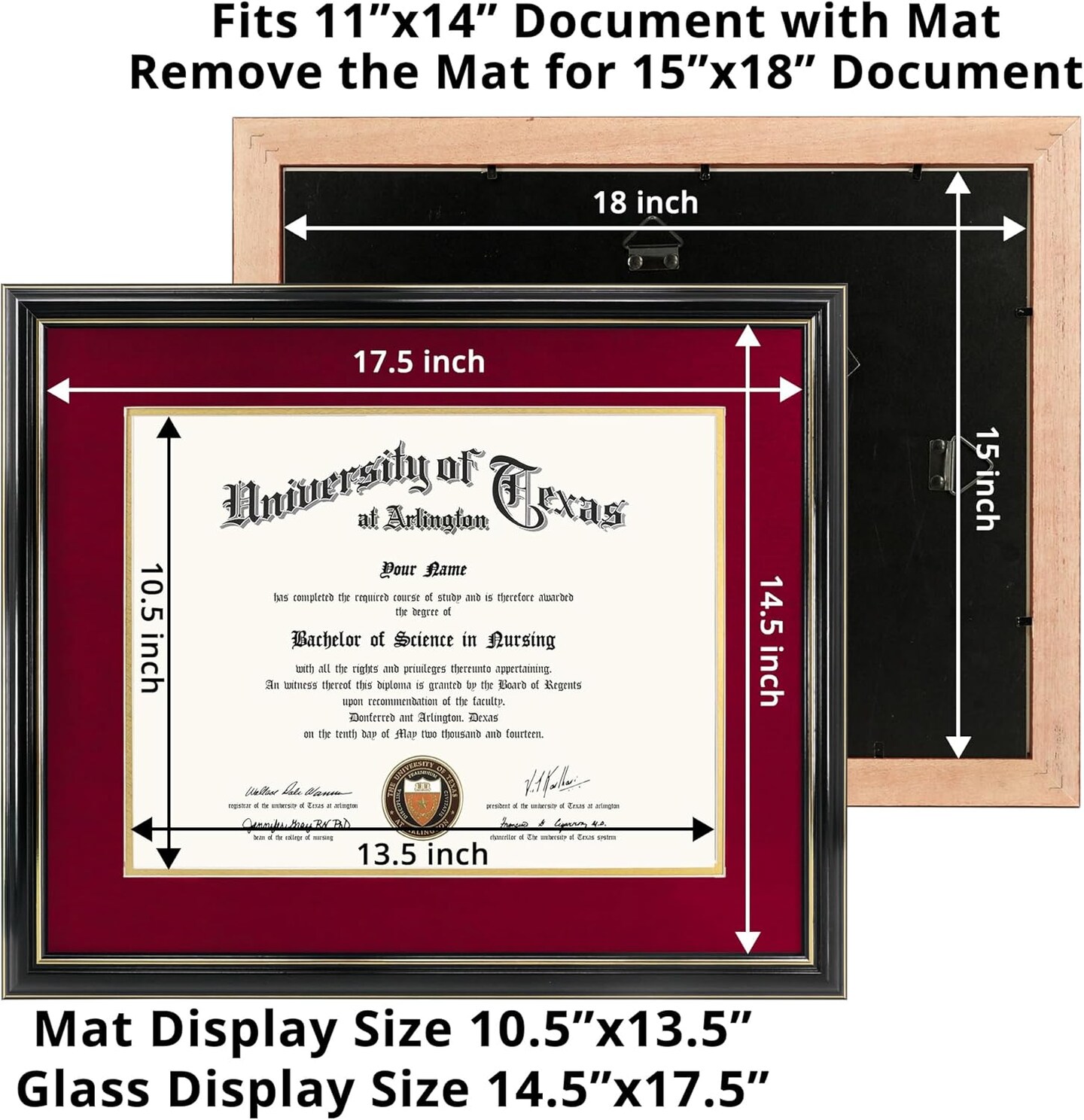 11x14 Diploma Frame with Red over Gold Mat or Display 15x18 Certificate without Mat,Solid Wood &#x26; UV Protection Acrylic,Glossy Black Finish with Gold Trim