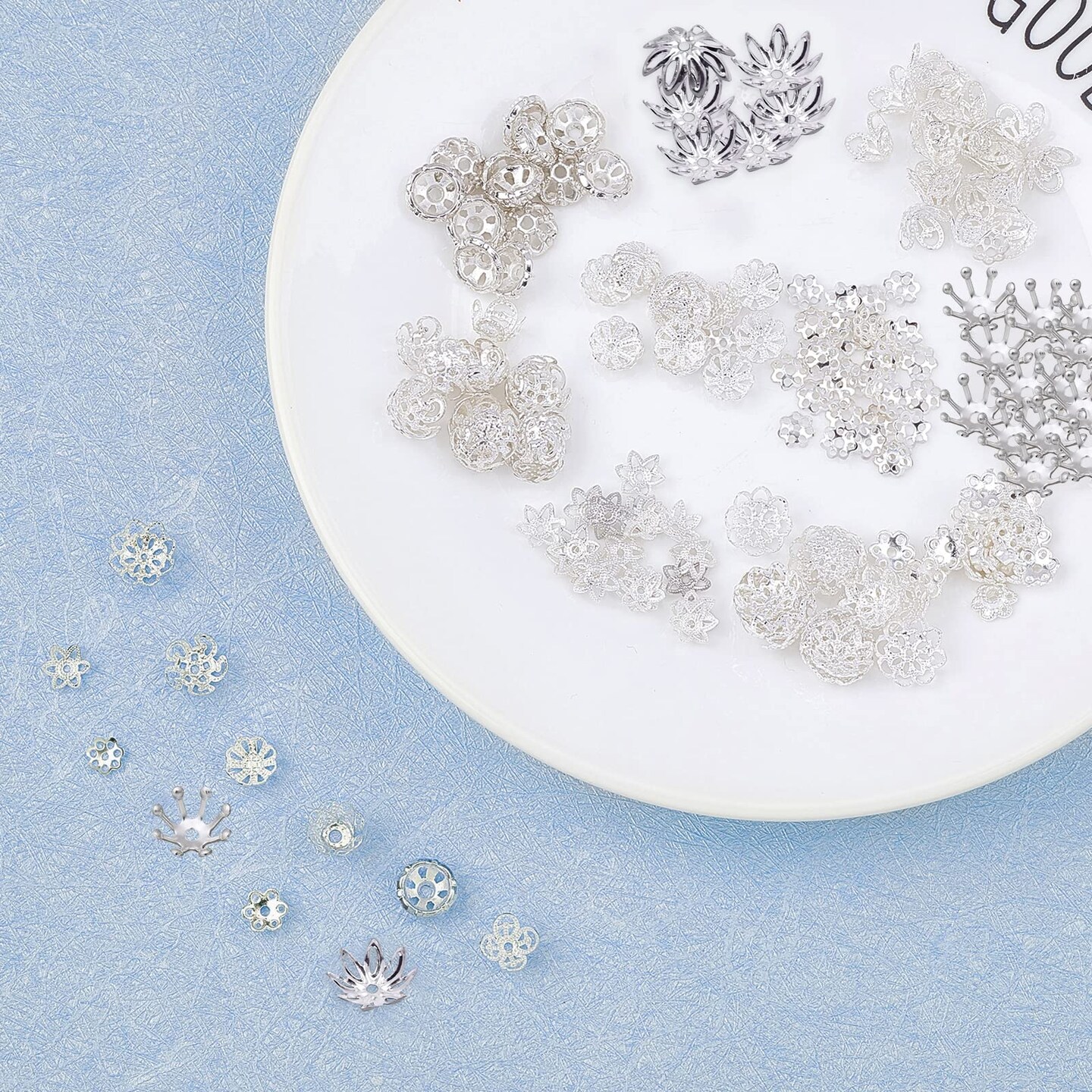 1 Box 240Pcs 12 Styles Flower Spacer Beads Caps Silver Bead Caps Mixed Tibetan Beads Jewelry Findings for DIY Earring Bracelet Necklace Keyring Making