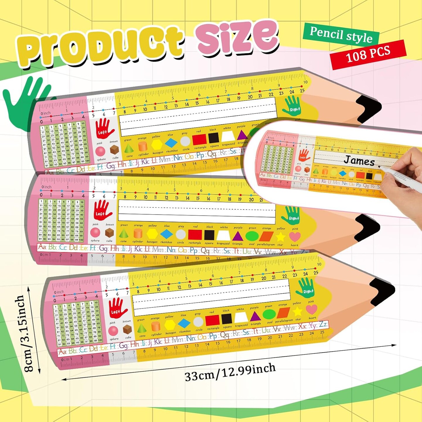 108 Pcs Pencil Desk Name Tags for Classroom with Alphabet (Yellow, Blue, and Red) 	12.99 x 3.15 inch