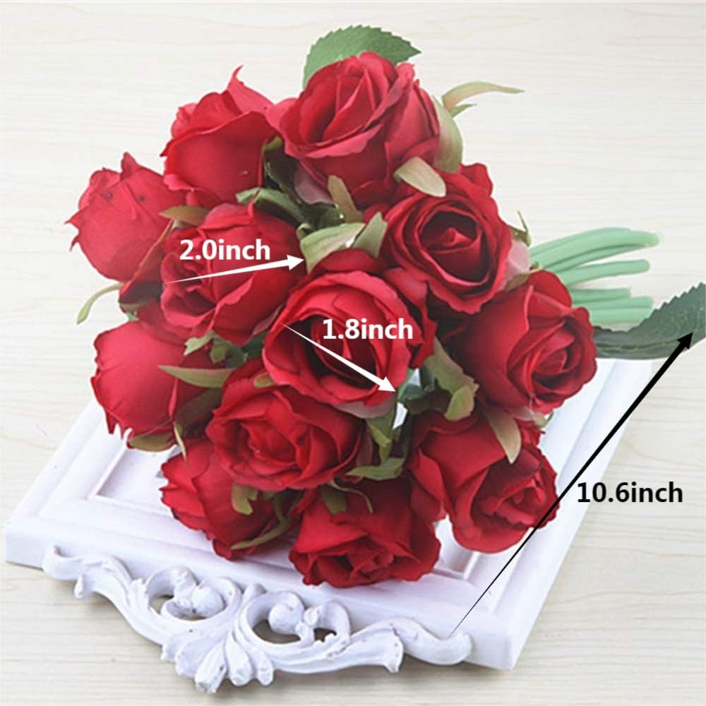 12pcs Artificial Flowers Silk Realistic Roses DIY Bouquet (Spring Red)
