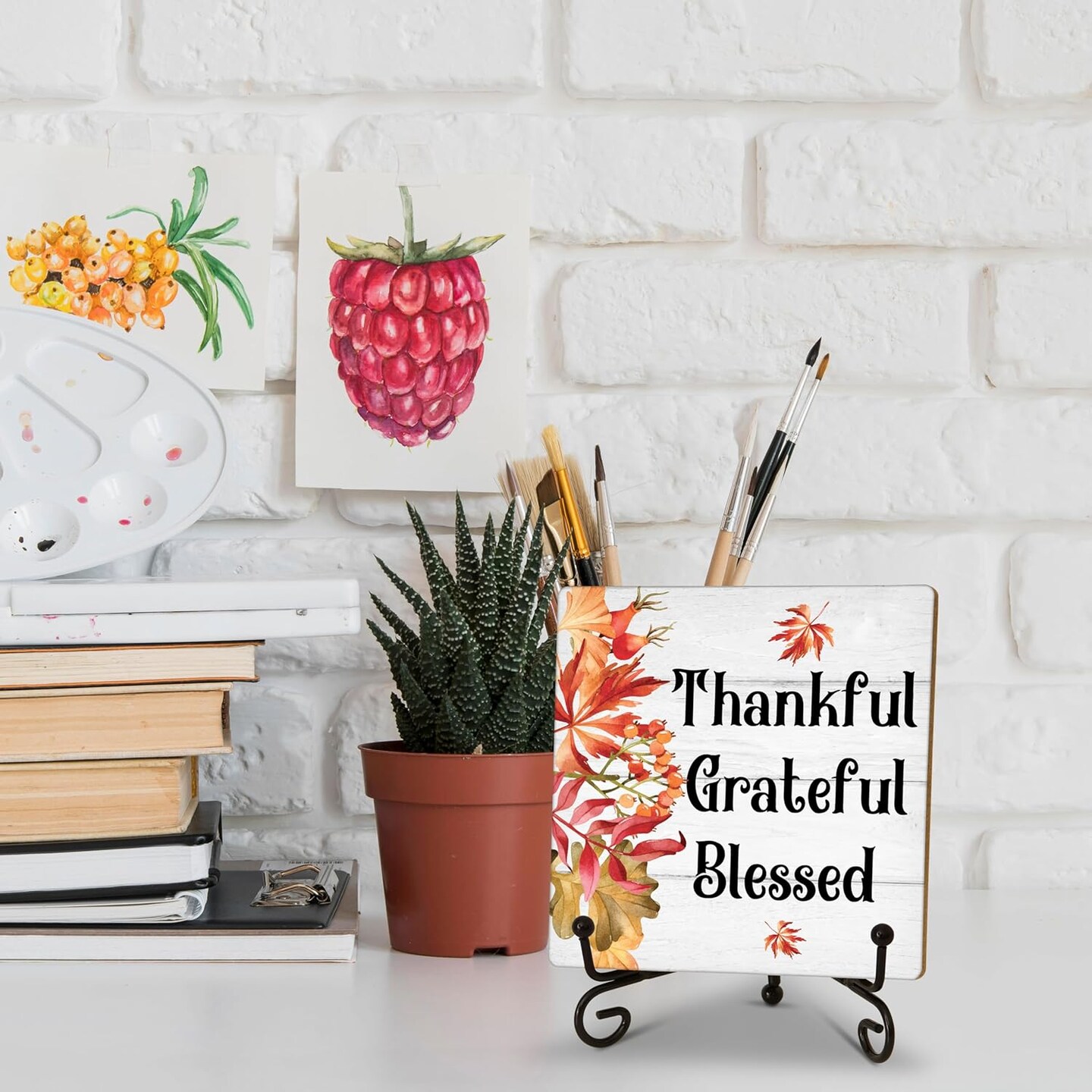 Fall Thankful Grateful Blessed Sign Tabletop Decor With Stand