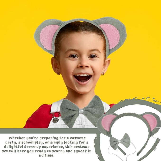 4E's Novelty Mouse Costume Set 3 Pcs for Kids & Adults - Mouse Ears Headband, Bowtie & Tail Cosplay Kit - Halloween, Party, Dress Up Accessories for Girls, Boys, Men, Women, Pets