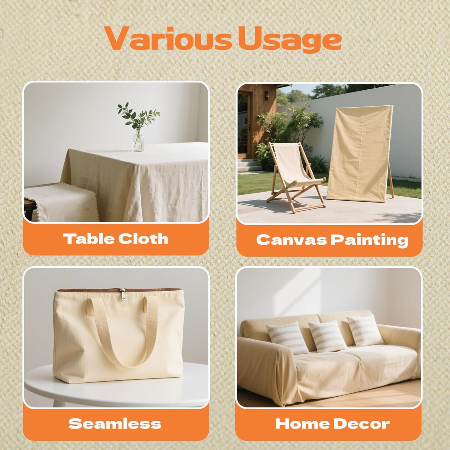 Canvas Fabric, Duck Canvas Fabric, 60'' Wide for Arts & Crafts, Painting (Natural, 1 Yard)