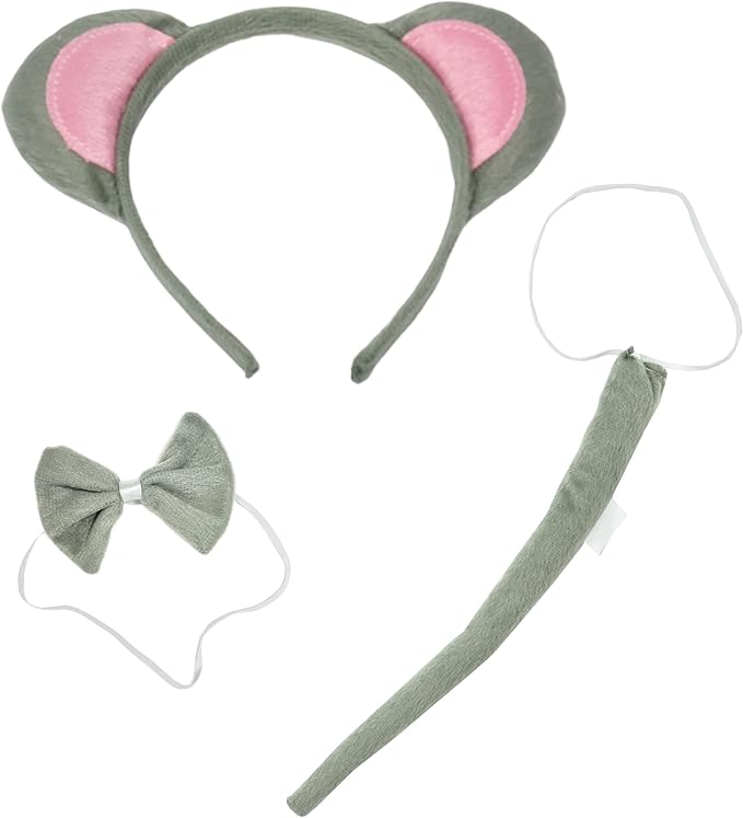 4E's Novelty Mouse Costume Set 3 Pcs for Kids & Adults - Mouse Ears Headband, Bowtie & Tail Cosplay Kit - Halloween, Party, Dress Up Accessories for Girls, Boys, Men, Women, Pets