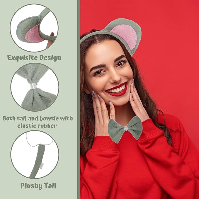 4E's Novelty Mouse Costume Set 3 Pcs for Kids & Adults - Mouse Ears Headband, Bowtie & Tail Cosplay Kit - Halloween, Party, Dress Up Accessories for Girls, Boys, Men, Women, Pets