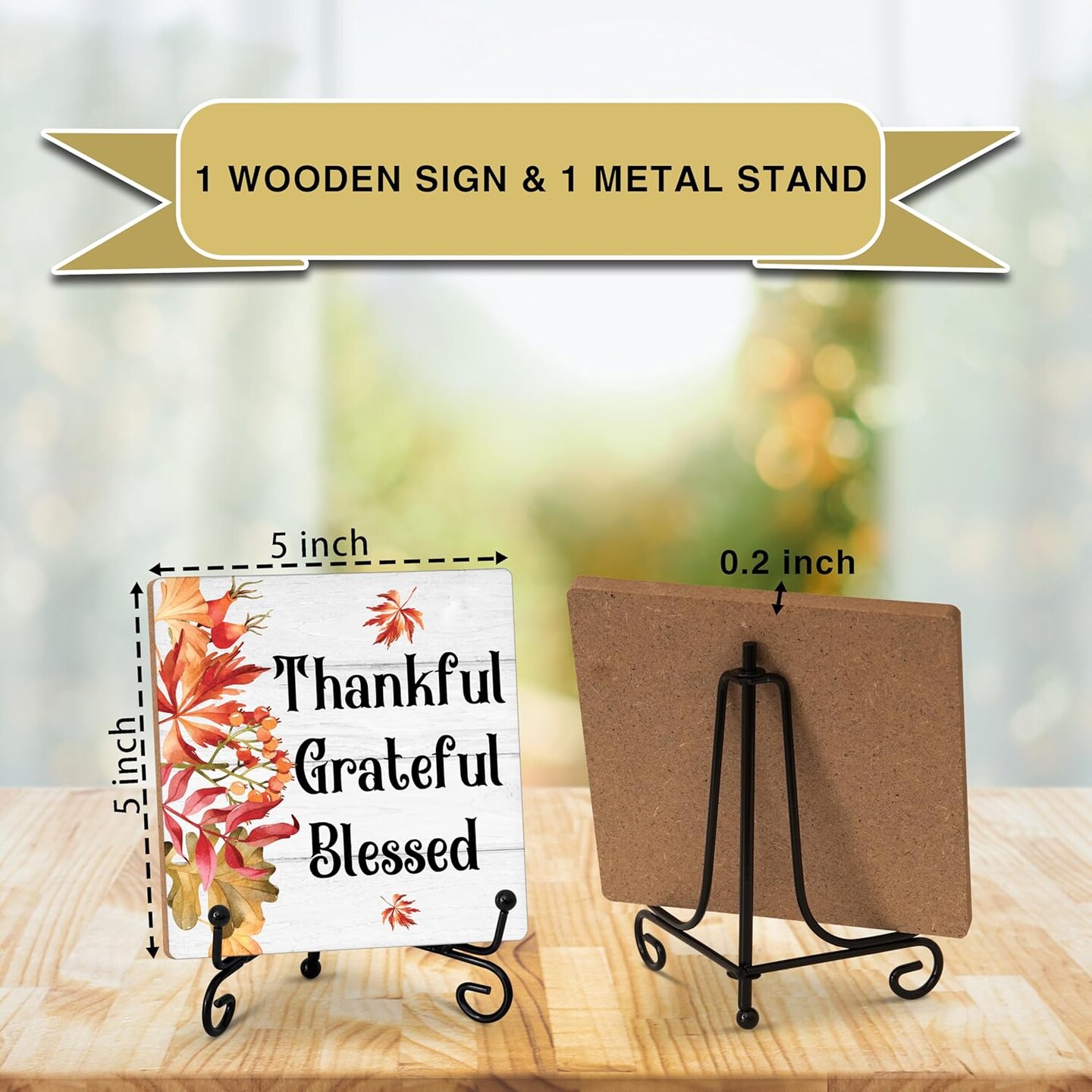 Fall Thankful Grateful Blessed Sign Tabletop Decor With Stand