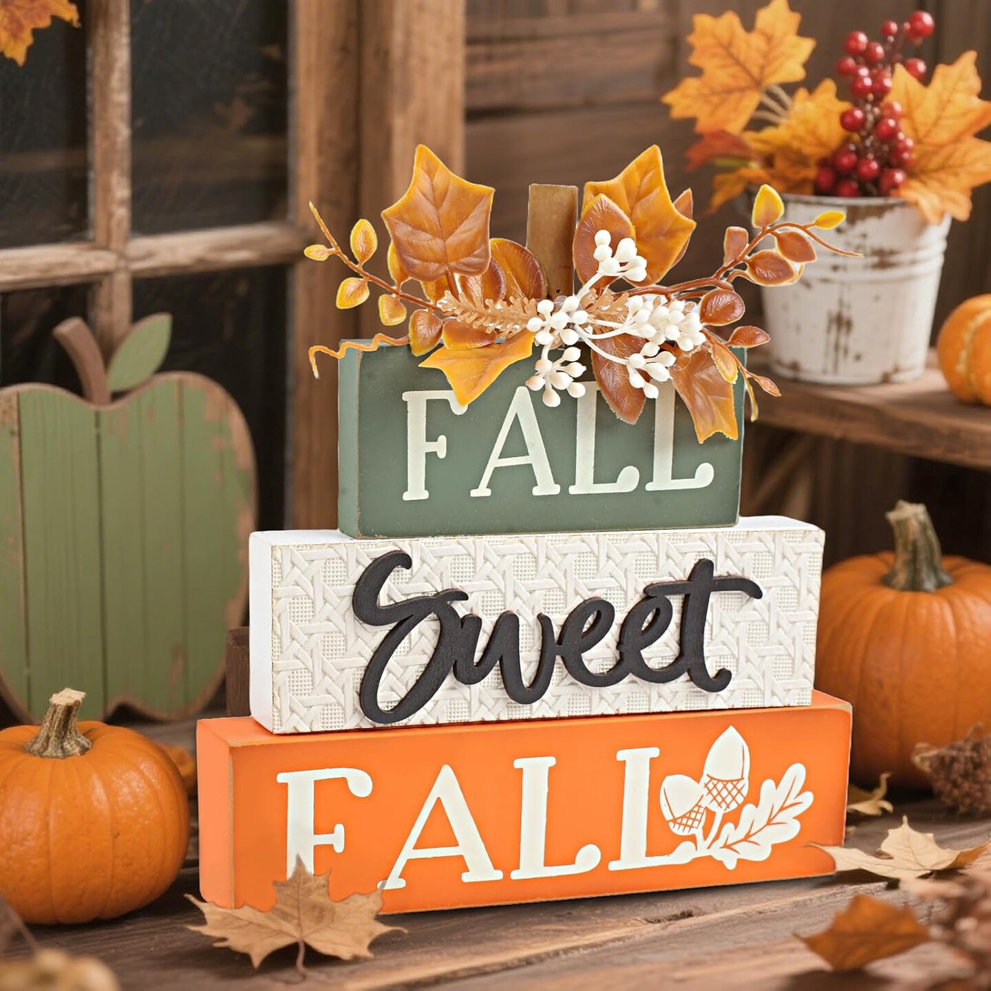 Rustic Wooden Maple Leaf Block Sign Tabletop Decor