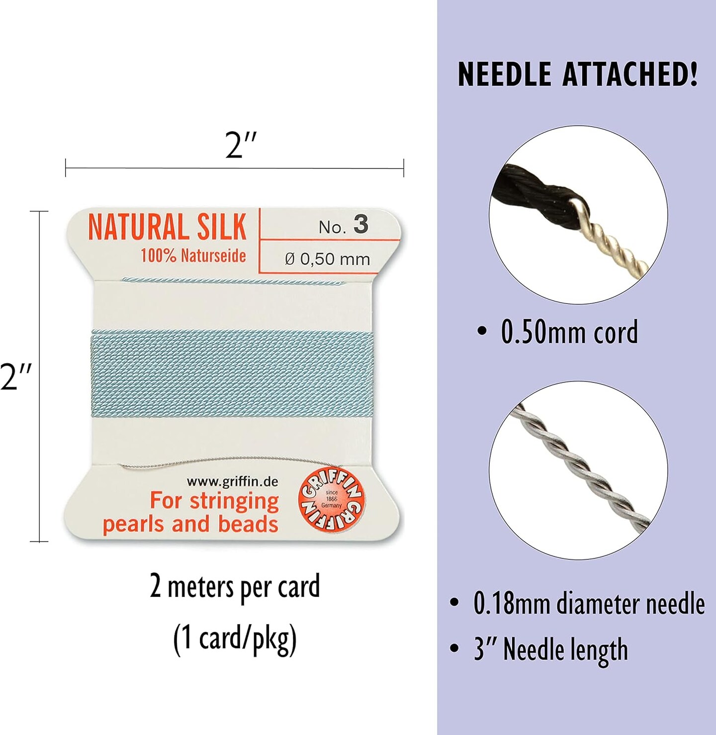 Griffin Silk Bead Cord Perlseide – Size 3 (0.50mm) – 2 Meters per Card – Stainless Steel Needle Attached – for Knotting Pearls, Gemstones, Crystals and Beads