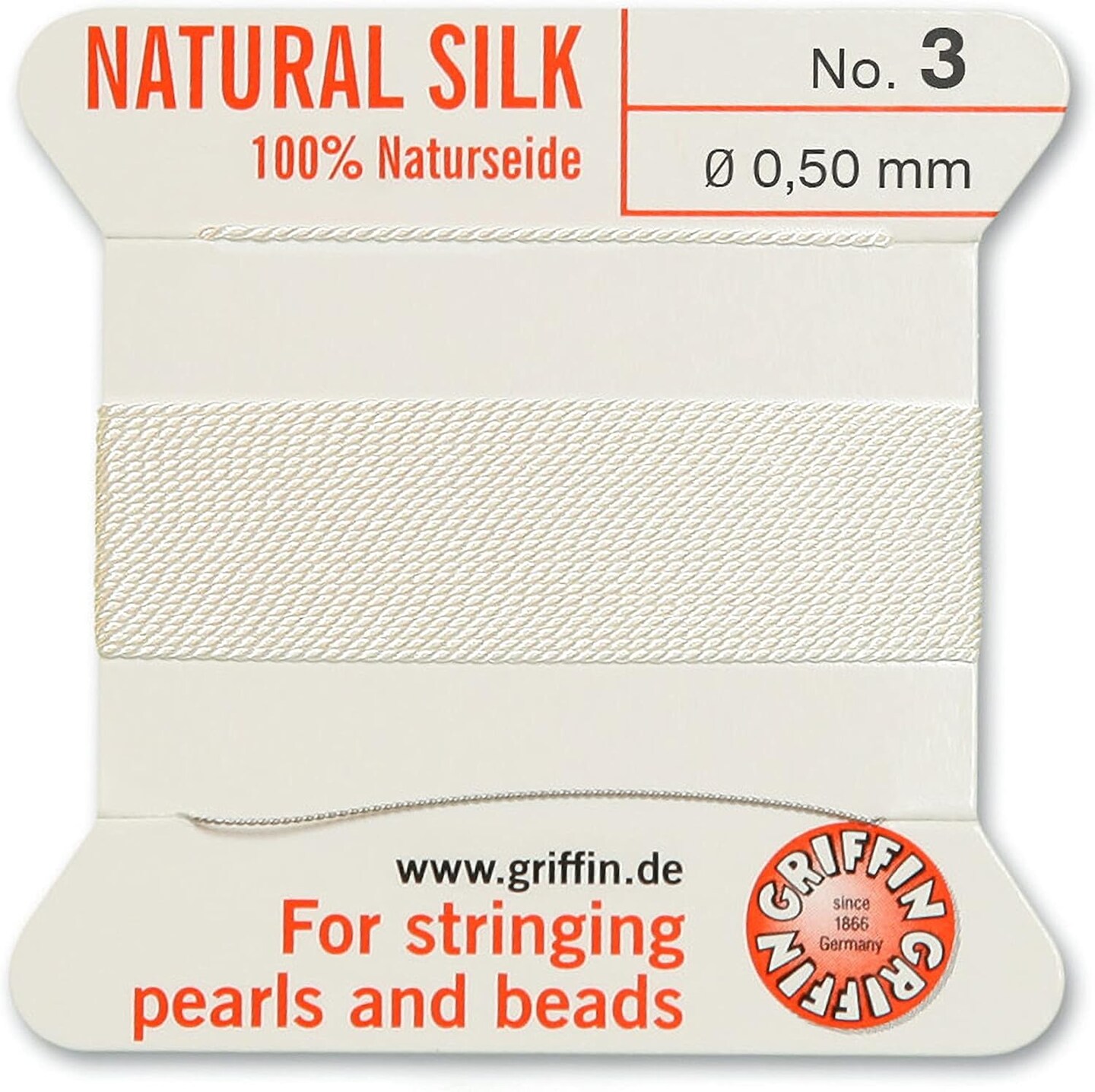 Griffin Silk Bead Cord Perlseide – Size 3 (0.50mm) – 2 Meters per Card – Stainless Steel Needle Attached – for Knotting Pearls, Gemstones, Crystals and Beads