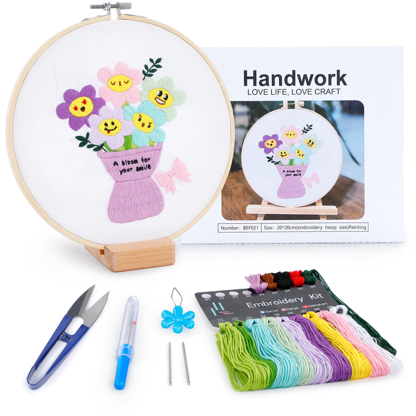 Embroidery Kit for Adult Beginners, Funny Flower Embroidery Kit with Step-by-Step Instructions & Video, Printed Cloth, 7.87" Hoop, Display Stand, Color Threads and Tools for Craft Lover(BEF021)