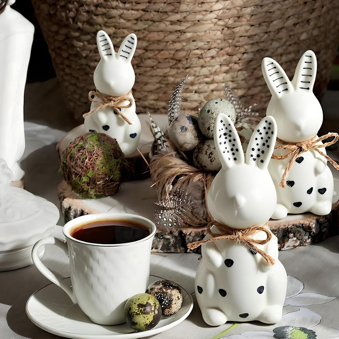 3-Piece Easter Ceramic Bunny Figurine Set – White Porcelain Rabbits with Polka Dots, Modern Elegant Table Centerpieces for Spring, Easter Gifts & Home Décor