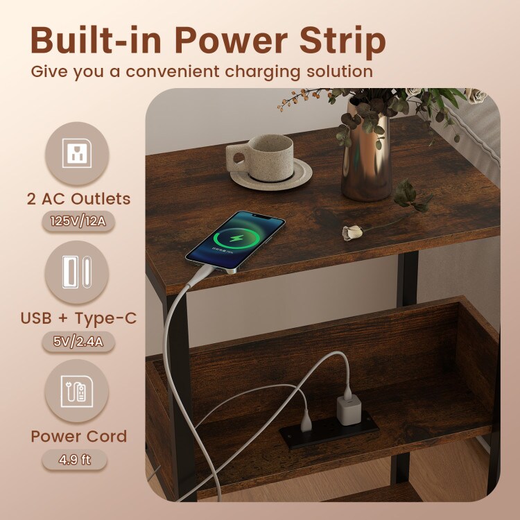 Rustic Brown Side End Table with Charging Station and Open Shelves